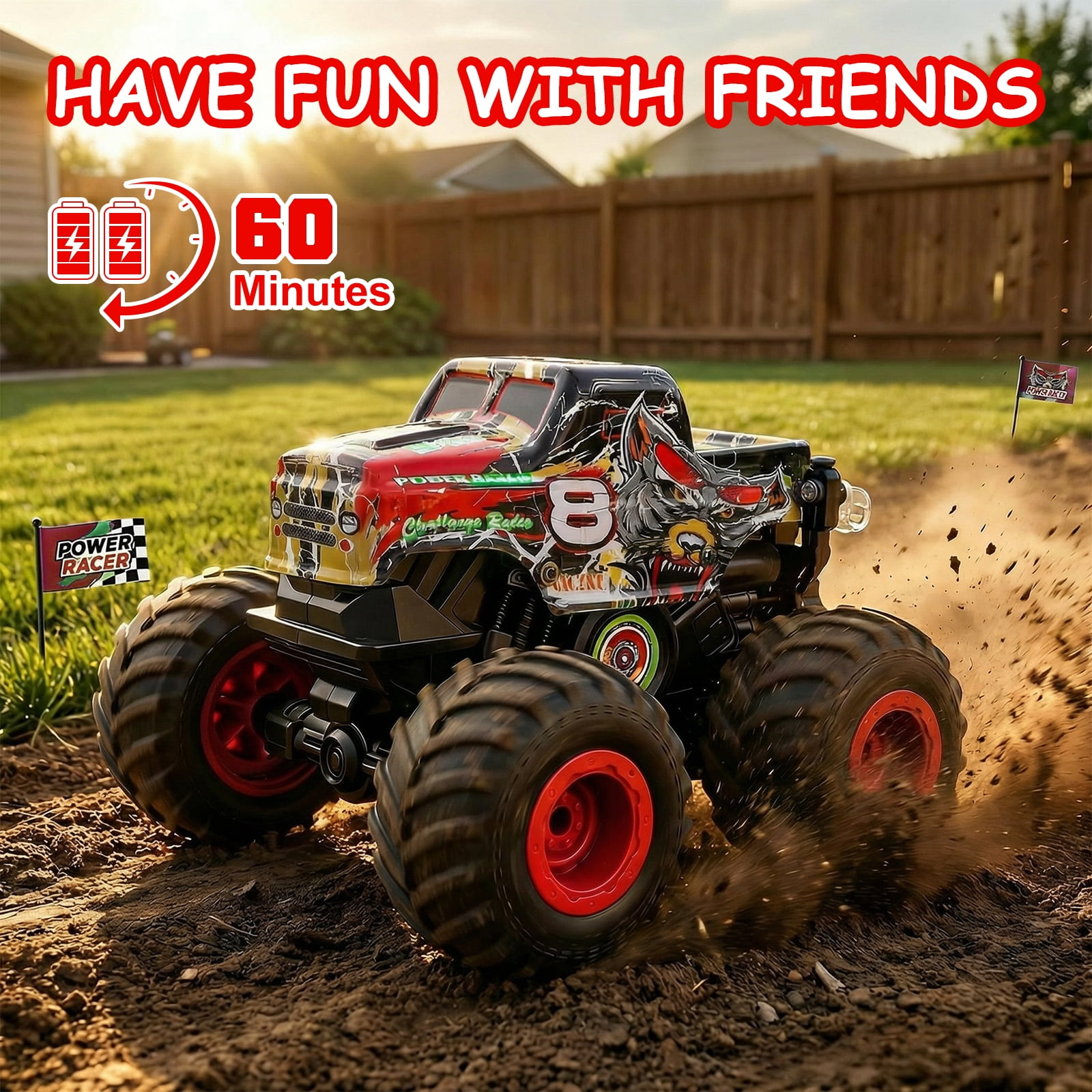 Ein ferngesteuerter Monstertruck mit Wolfsdekor fährt durch Matsch.