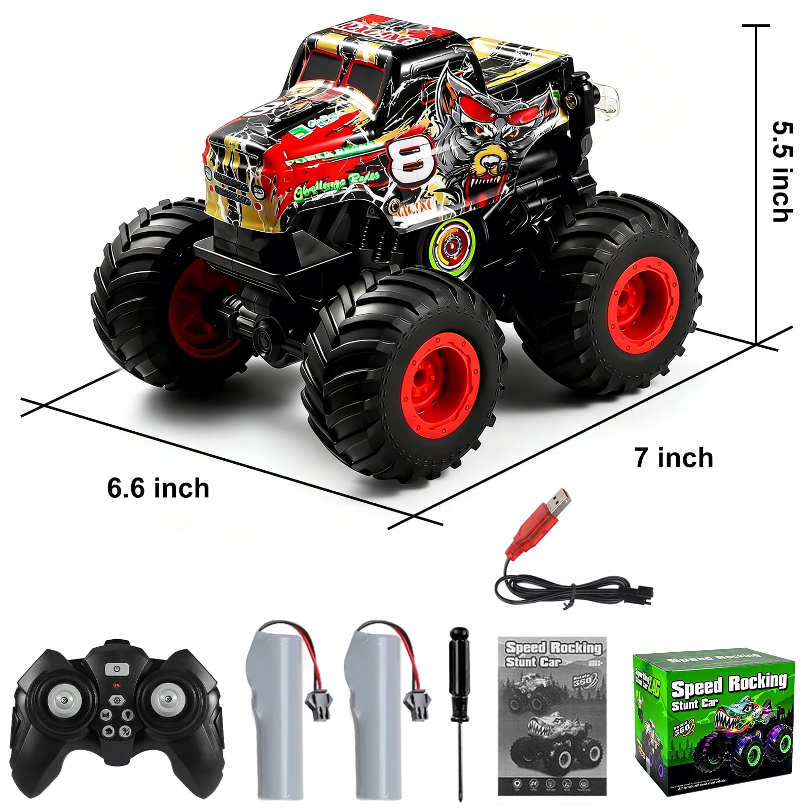 Ein ferngesteuertes Monster-Stunt-Auto mit Wolfsdesign, Zubehör und Box.