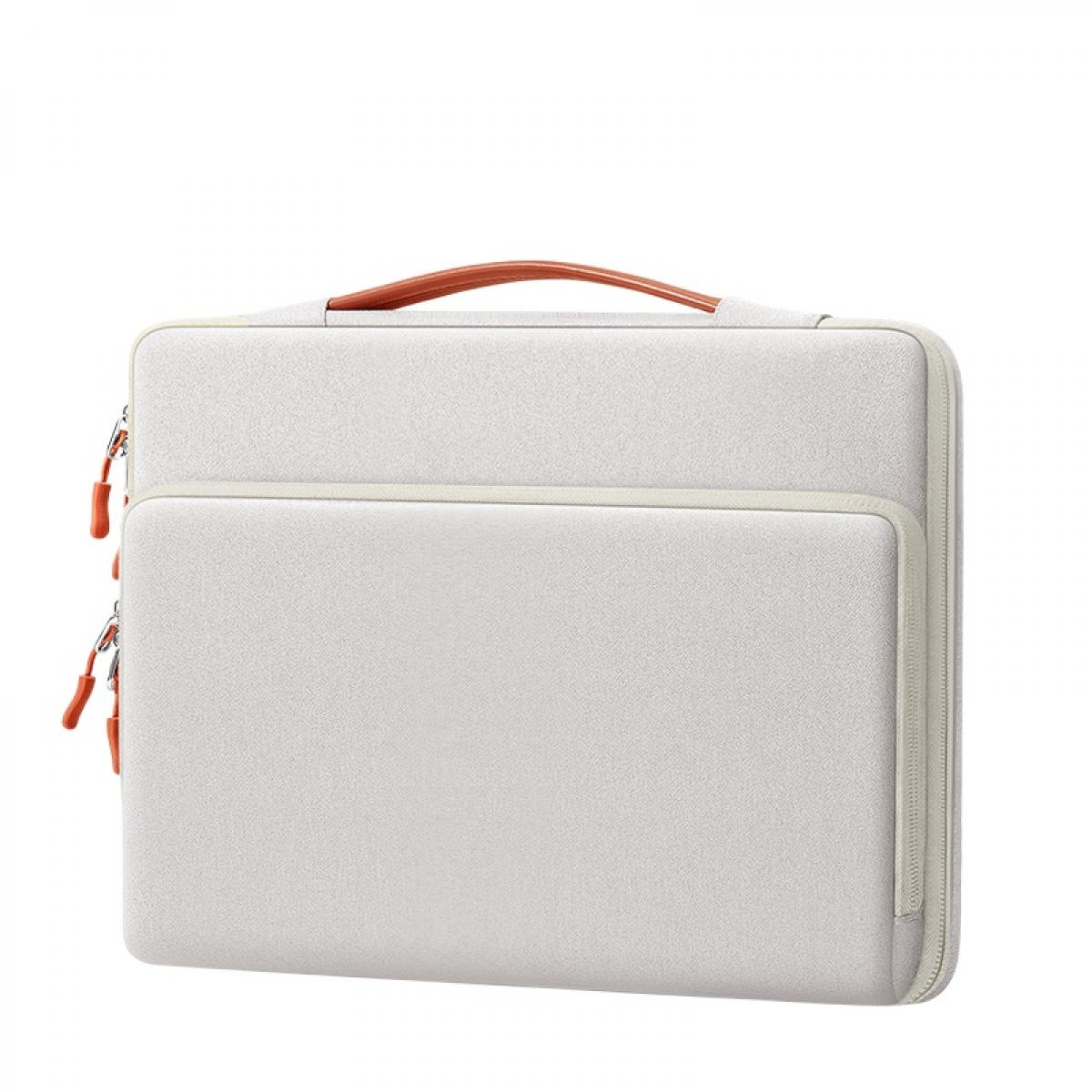 Graue Laptoptasche mit orangefarbenen Griffen und Reißverschlüssen, weiße Rückseite.