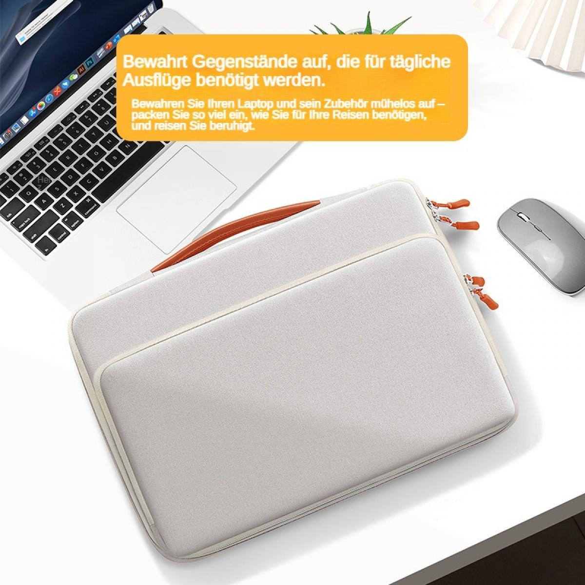 Graue Laptop-Tasche mit orangen Reißverschlüssen, neben einem Laptop.