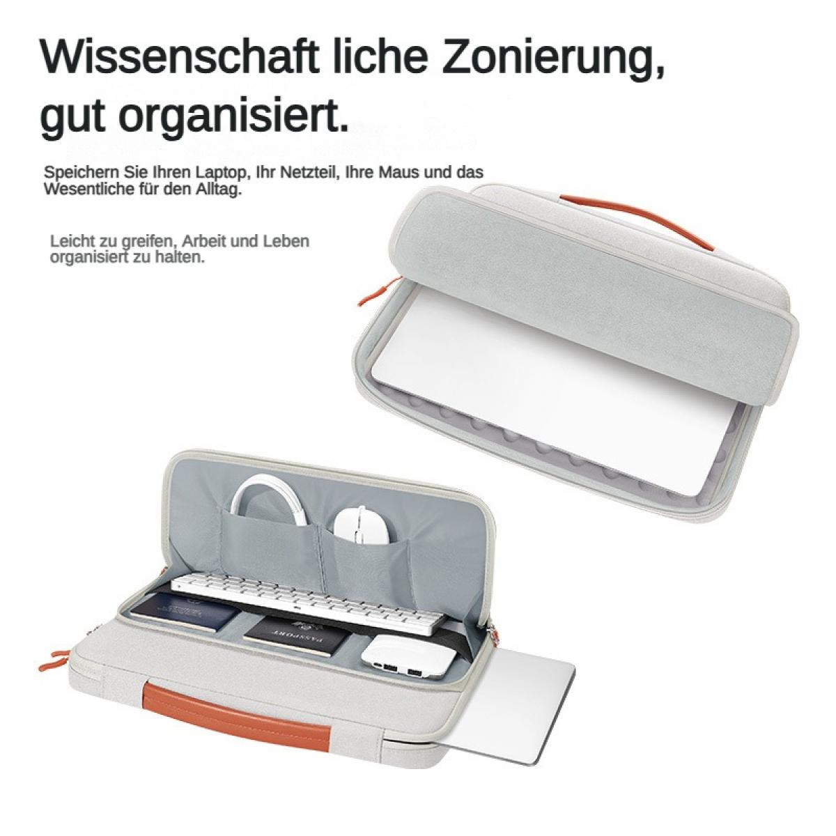 Eine graue Organizer-Tasche mit Laptop, Tastatur, Maus, Kabeln und Pässen.