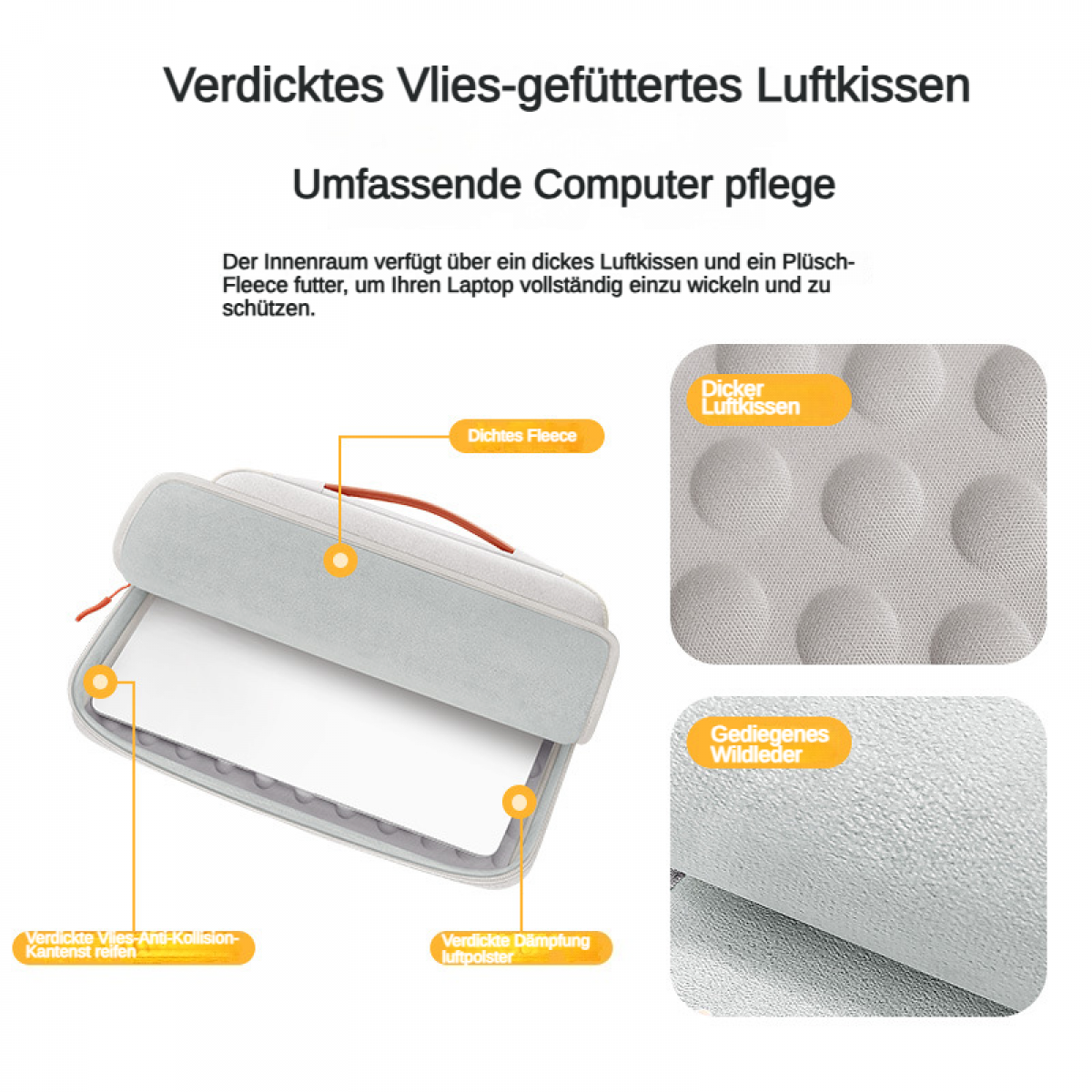 Laptop-Schutzhülle mit dickem Vliesfutter, Luftpolstern und Wildleder.