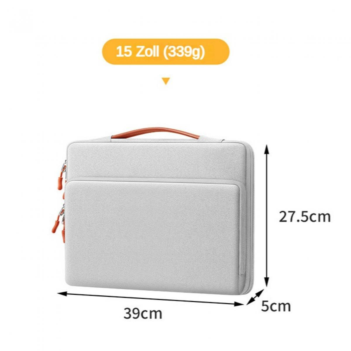 Hellgraue Laptoptasche mit orangen Griffen. Maße: 39x27,5x5cm.