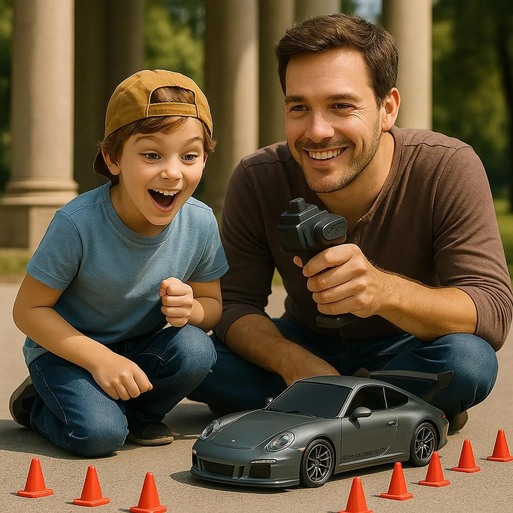 Ein Mann und ein Junge spielen mit einem ferngesteuerten Auto vor Säulen.