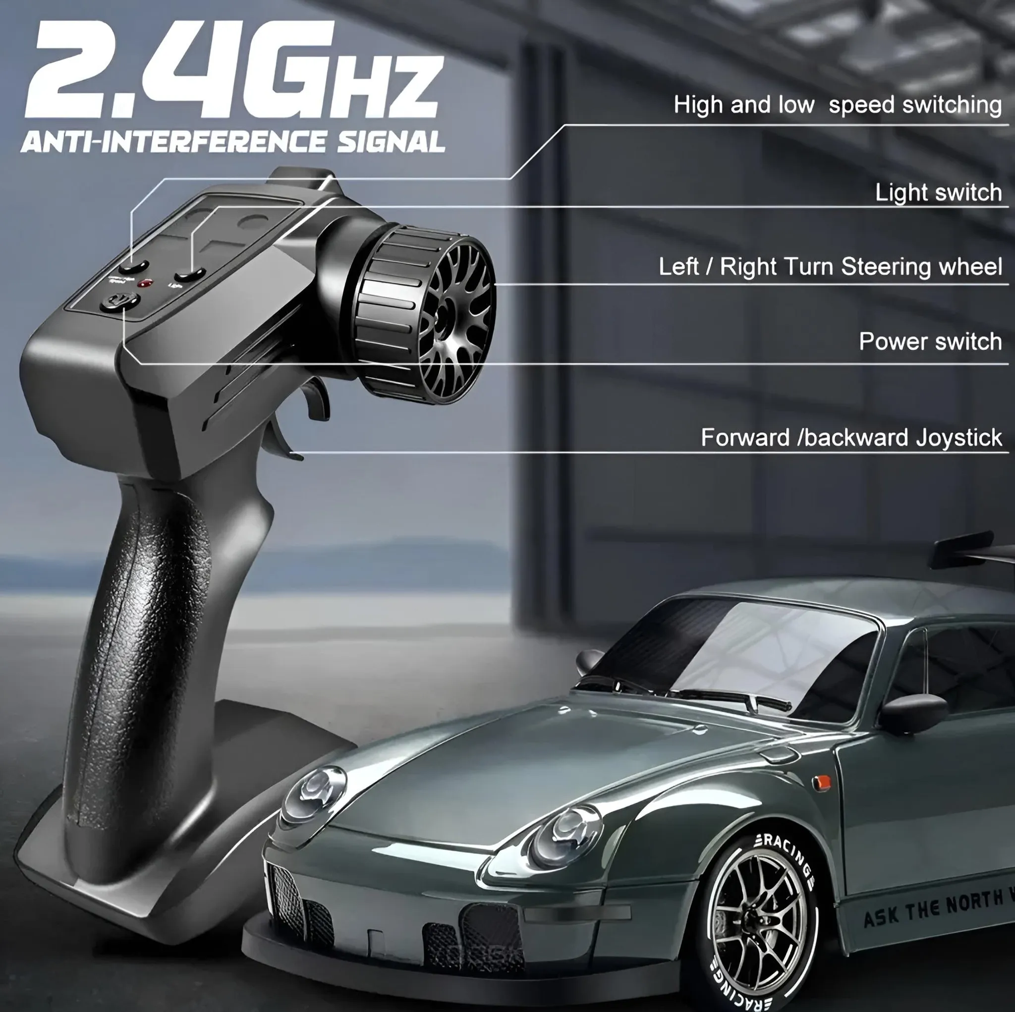 Ein schwarzer RC-Controller neben einem grauen Sportwagen mit Beschriftungen.