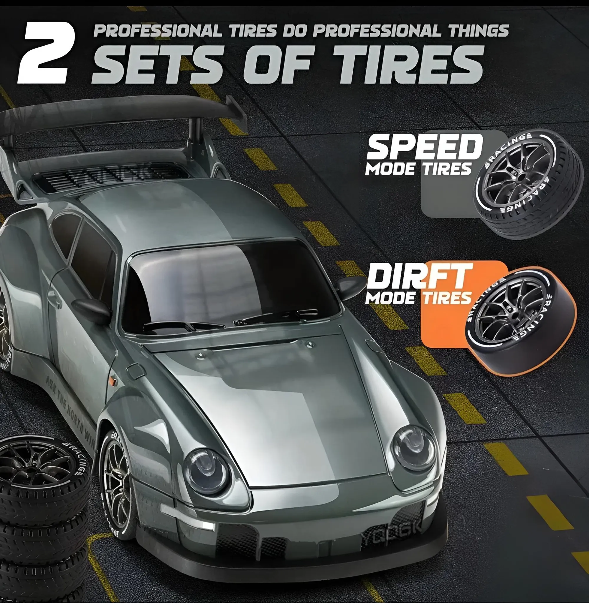 Ein graues Rennauto mit zwei Reifensets: Speed- und Drift-Modus.