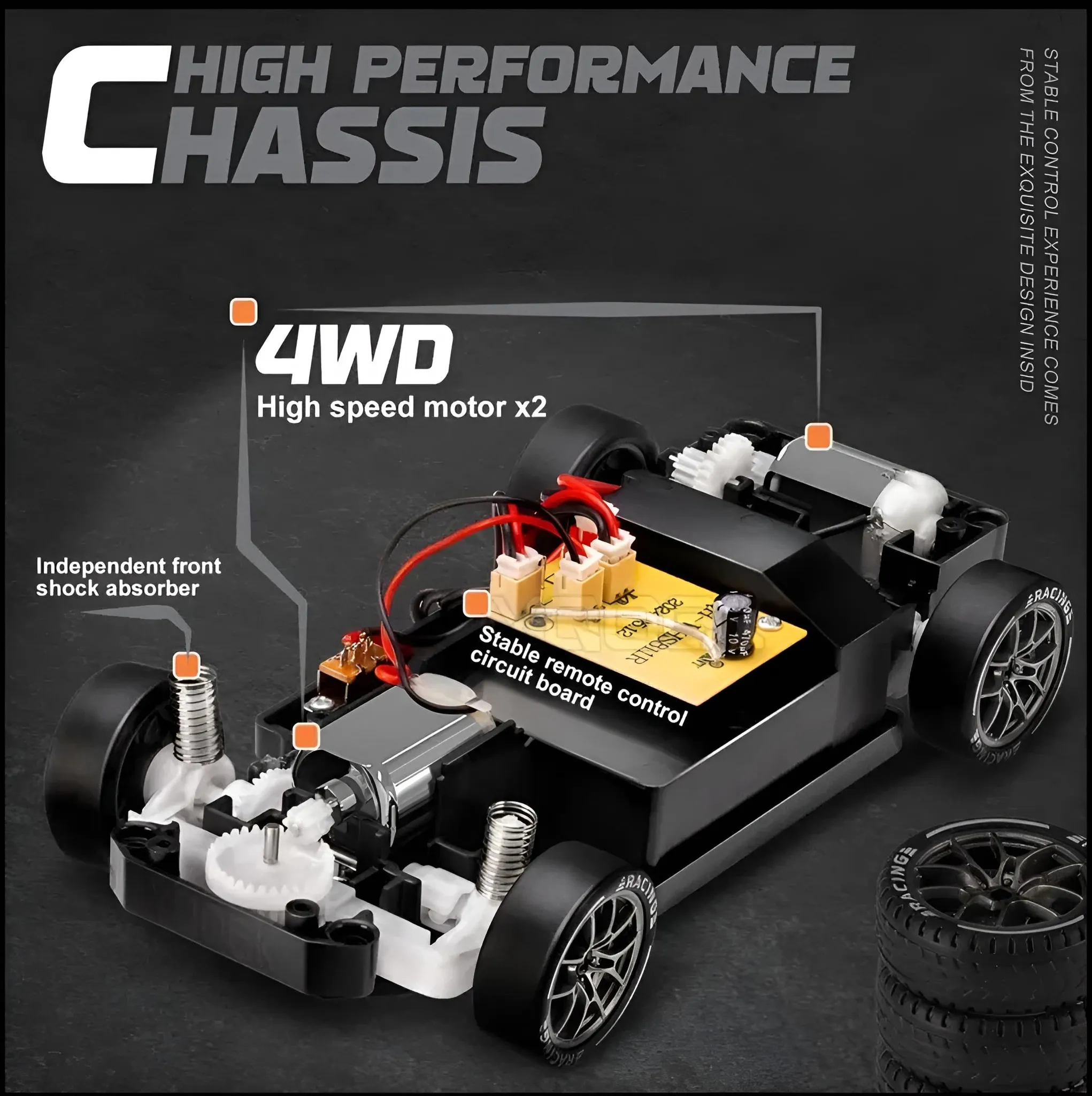 Ein RC-Auto-Chassis mit 4WD, Stoßdämpfern und einer Platine.