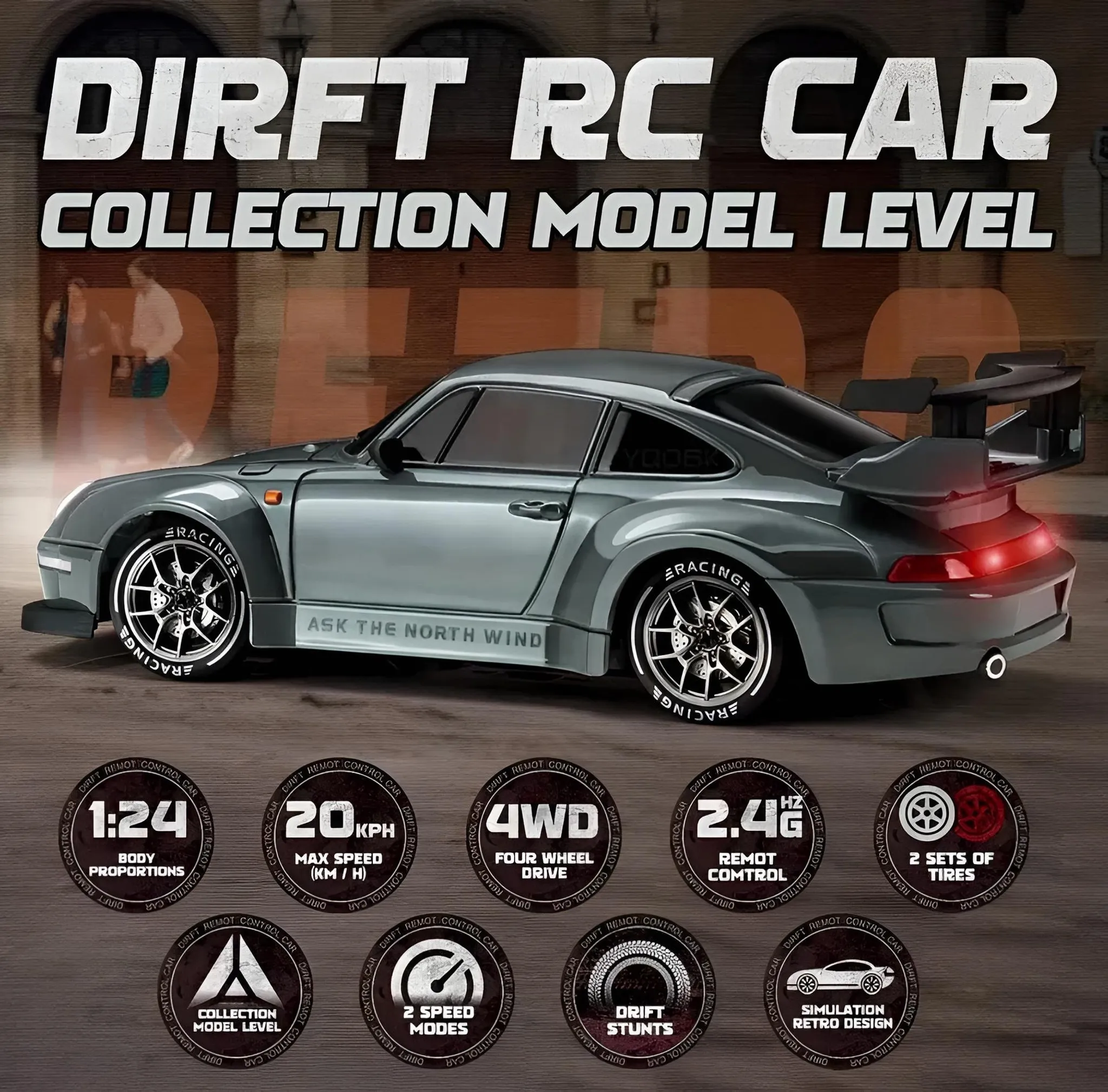 Graues RC-Driftauto mit Spoiler, detaillierten Felgen und leuchtenden Rückleuchten.