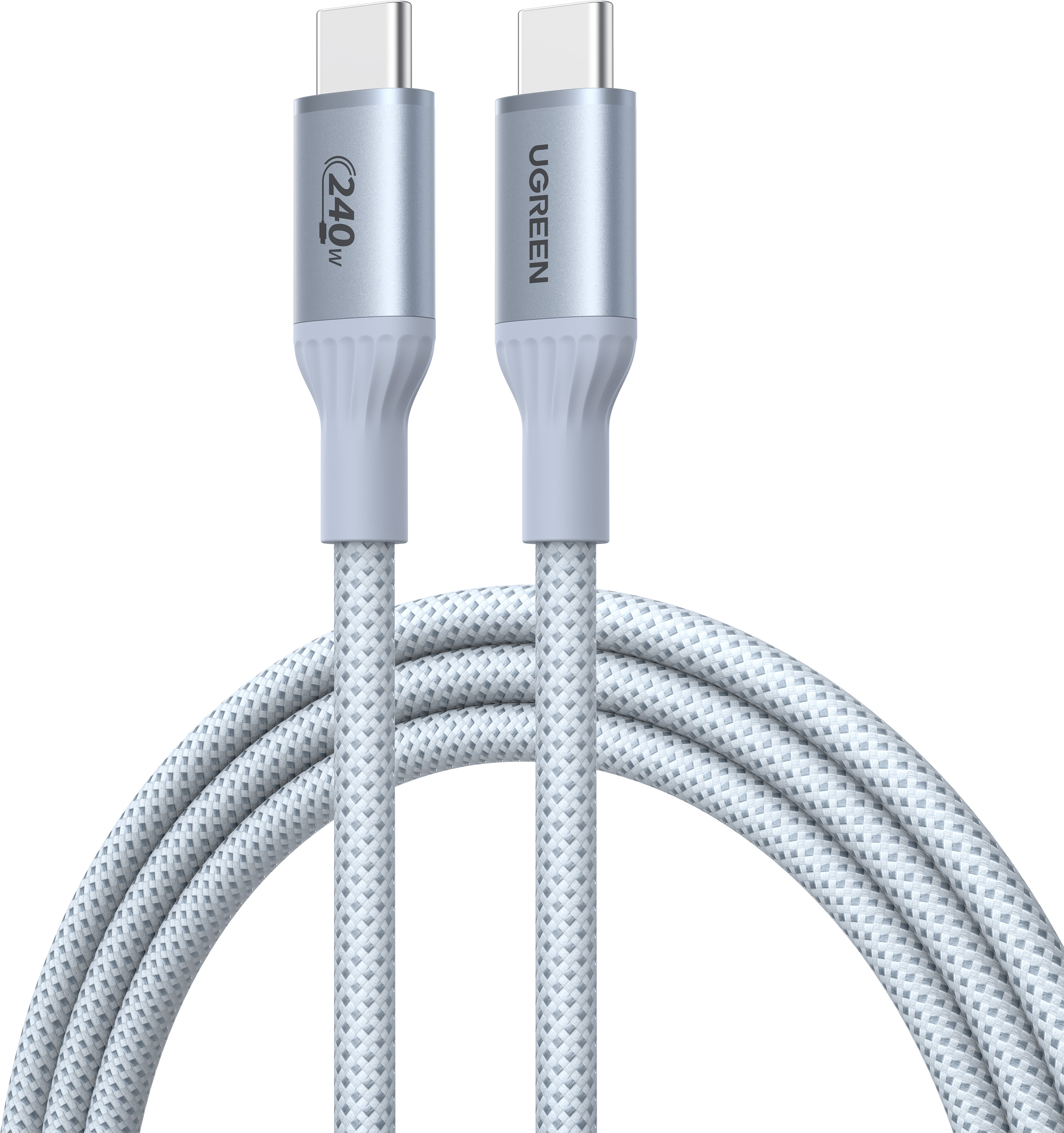 Dwa srebrne kable USB-C z białymi plecionymi przewodami i szarymi akcentami.