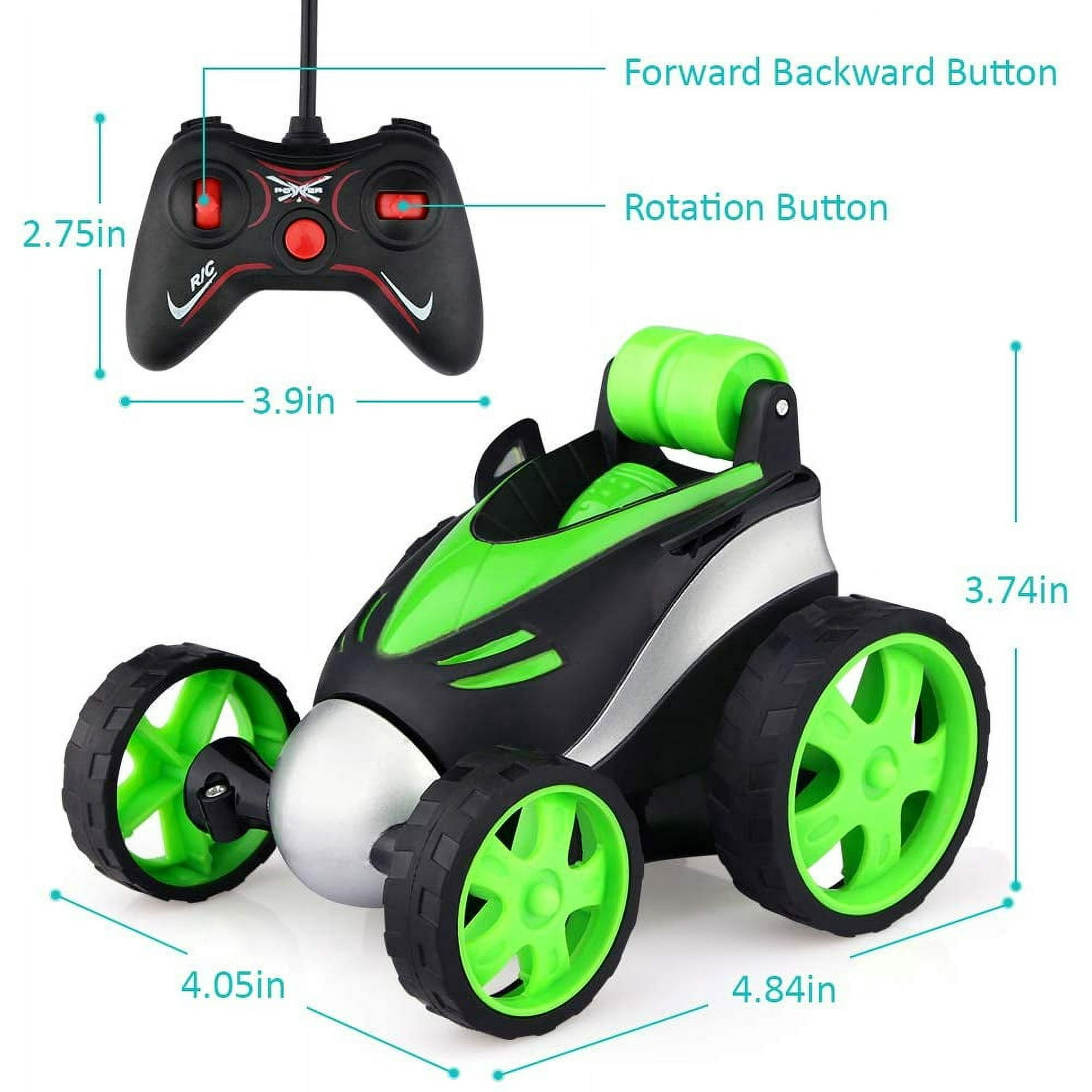 Ein ferngesteuertes Auto in Grün und Schwarz mit einem Controller.