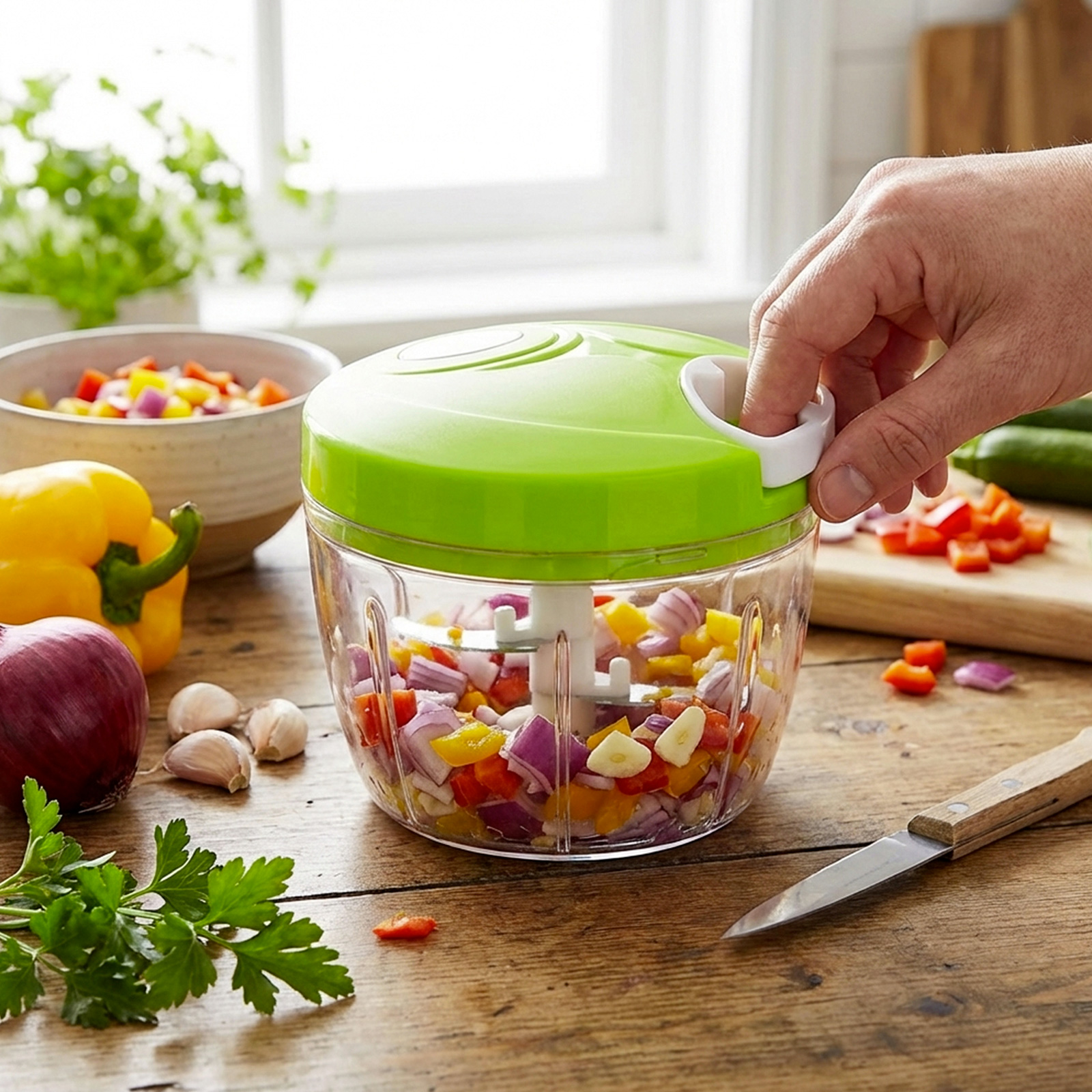 Un tritatutto manuale con coperchio verde, riempito di verdure tritate.
