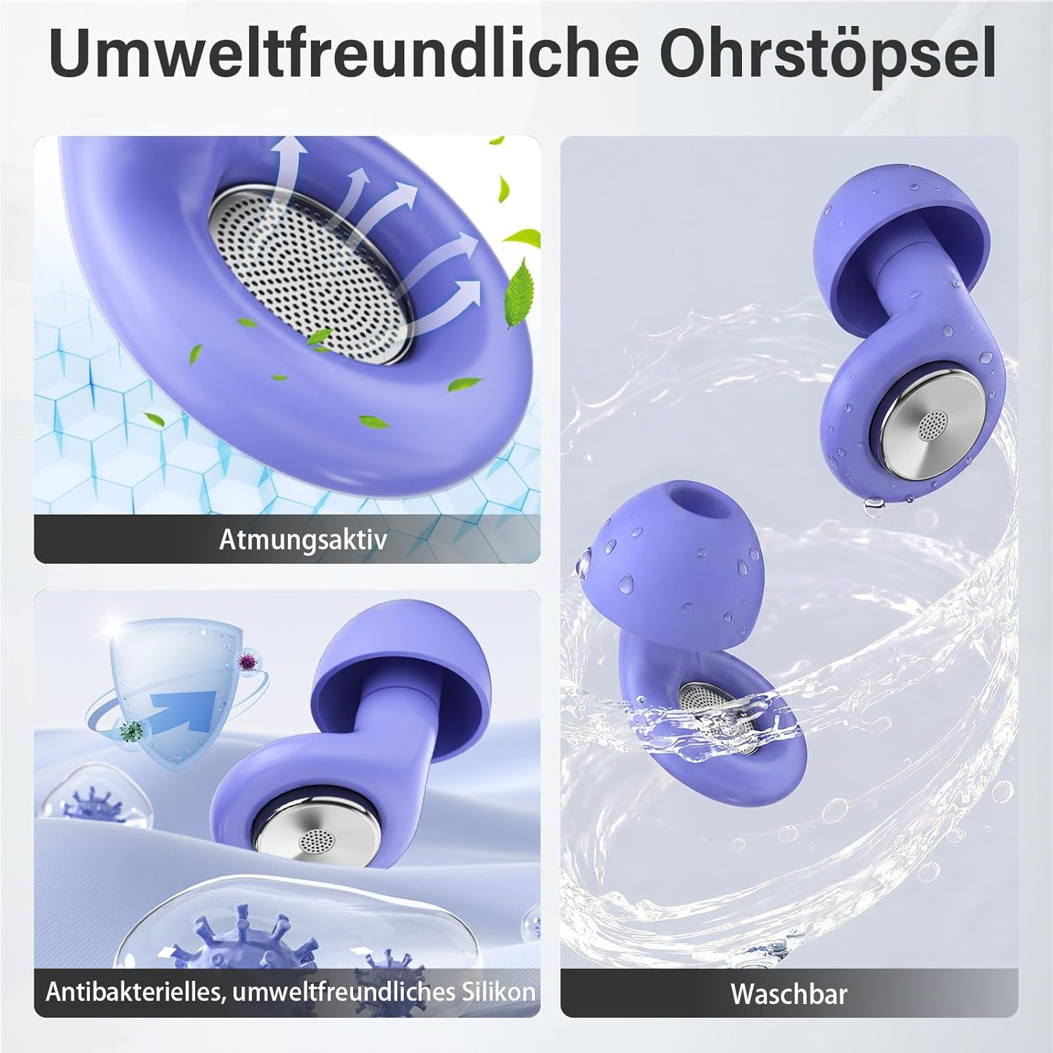 Lila Ohrstöpsel mit Lüftung, antibakteriell, waschbar.