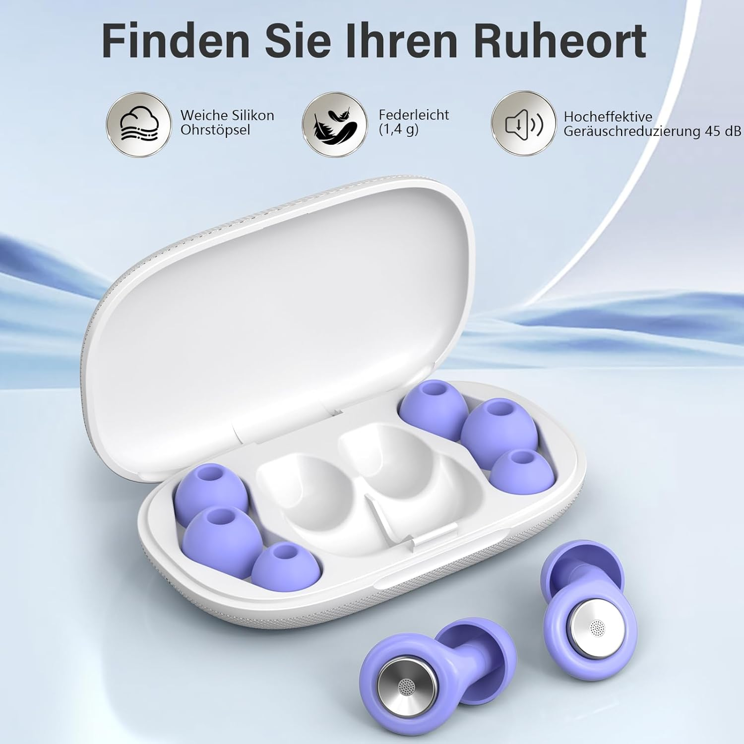 Lila Ohrstöpsel in und neben einem weißen Ladecase, mit deutschen Texten.