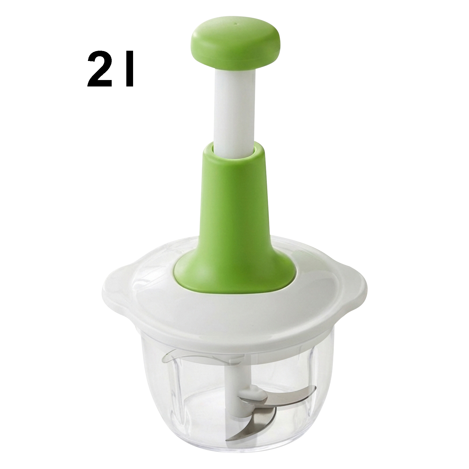 Tritatutto manuale con stantuffo bianco e manico verde, contenitore trasparente e lame.