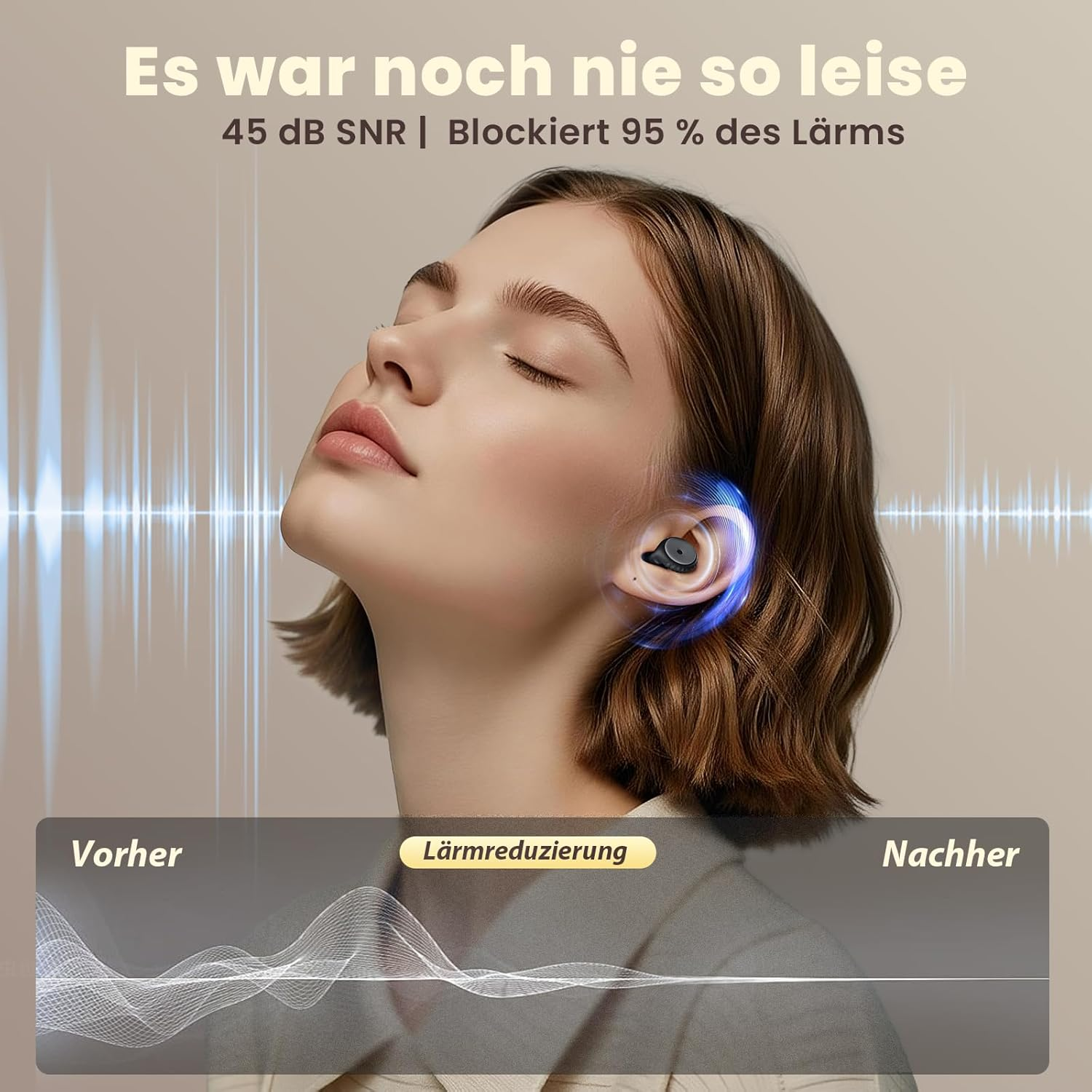 Frau mit Ohrhörern, die Lärmreduzierung zeigt.