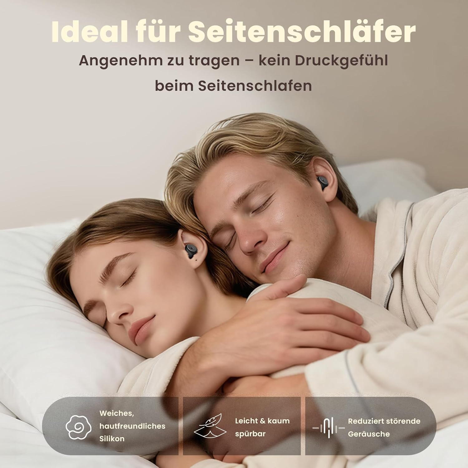 Ein Paar schläft, jeder trägt ein Ohrhörer. Ideal für Seitenschläfer.