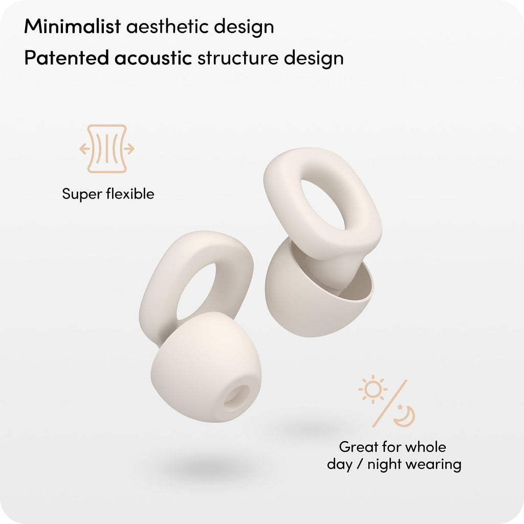 Zwei beige Ohrstöpsel mit Ringdesign, Super flexibel, Tag und Nacht tragbar.