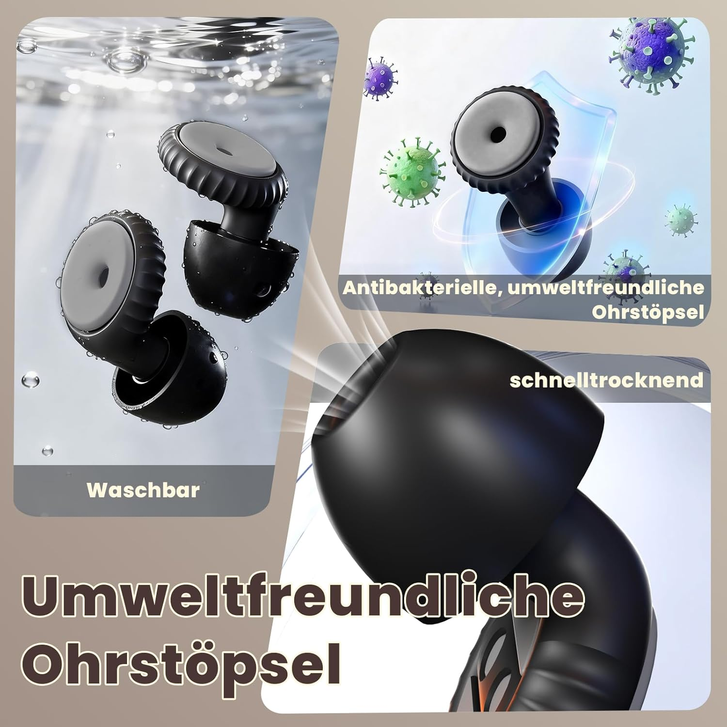 Waschbare, schnelltrocknende, antibakterielle Ohrstöpsel mit Schirm- und Viren-Symbolen.