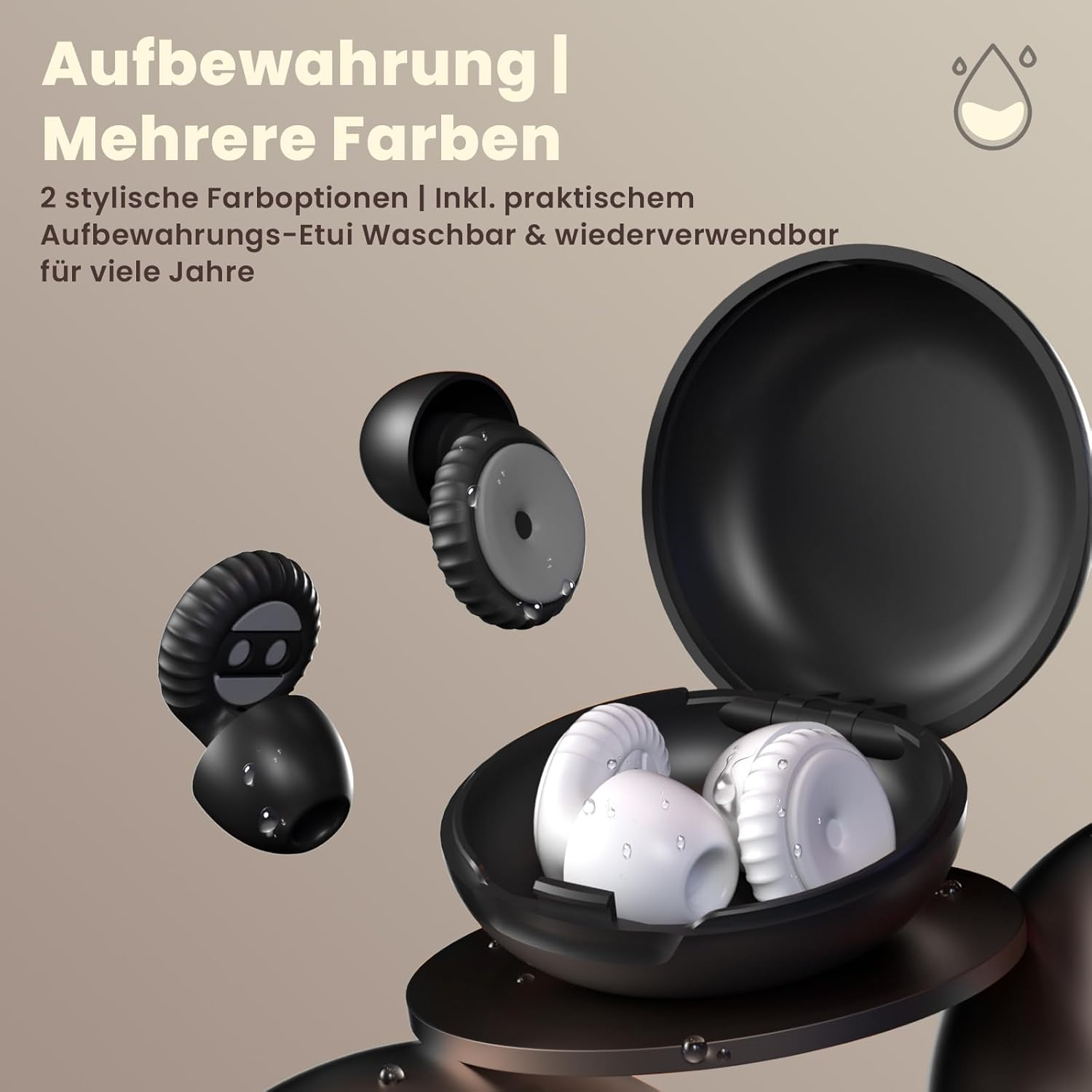 Schwarzes Etui mit weißen und schwarzen Ohrstöpseln. Text über Aufbewahrung.