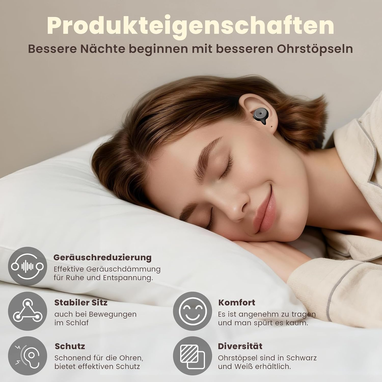 Frau schläft mit Ohrstöpsel im Ohr; Produktmerkmale: Geräuschreduzierung, Komfort.