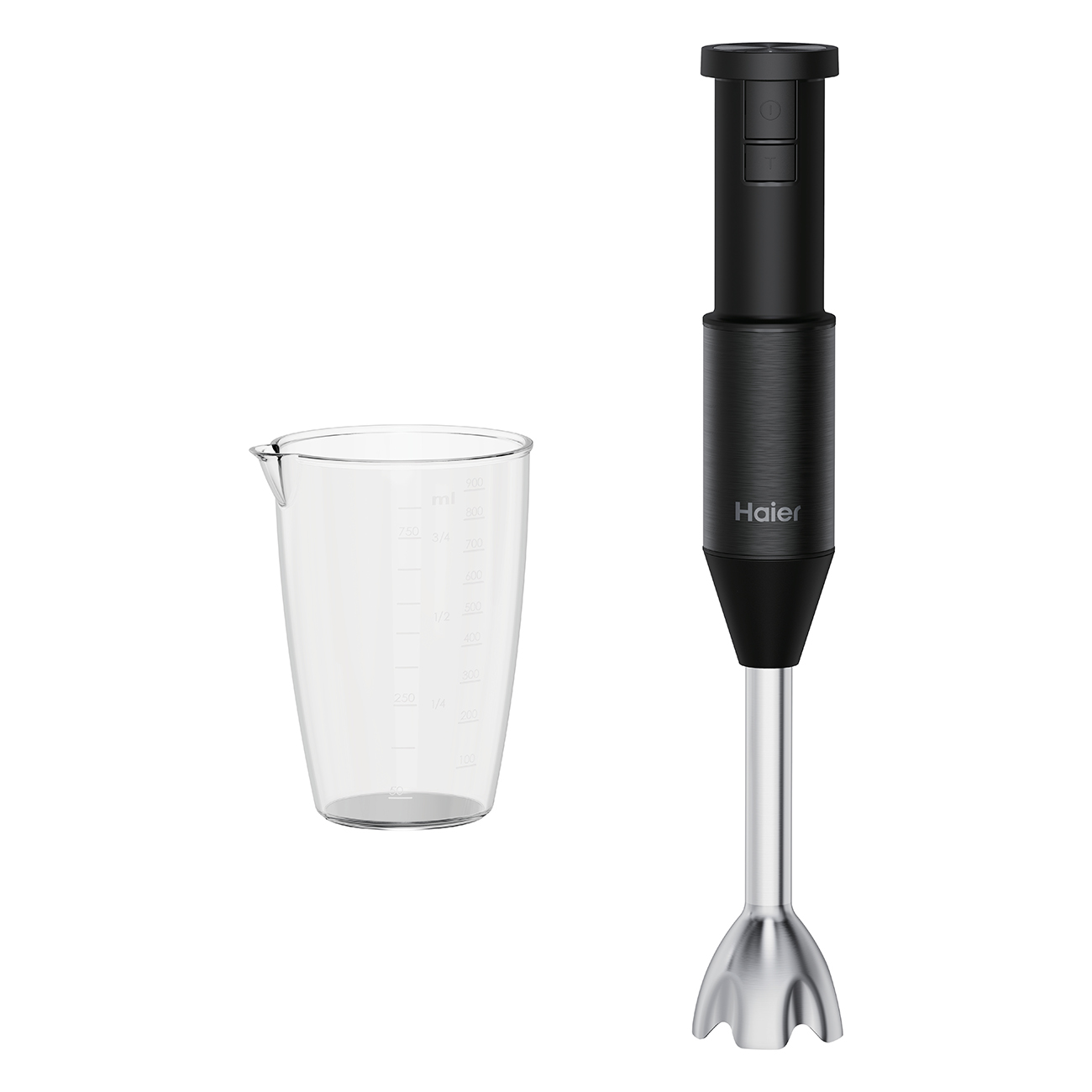 Ein schwarzer Handmixer von Haier mit Messbecher. Detailansicht.