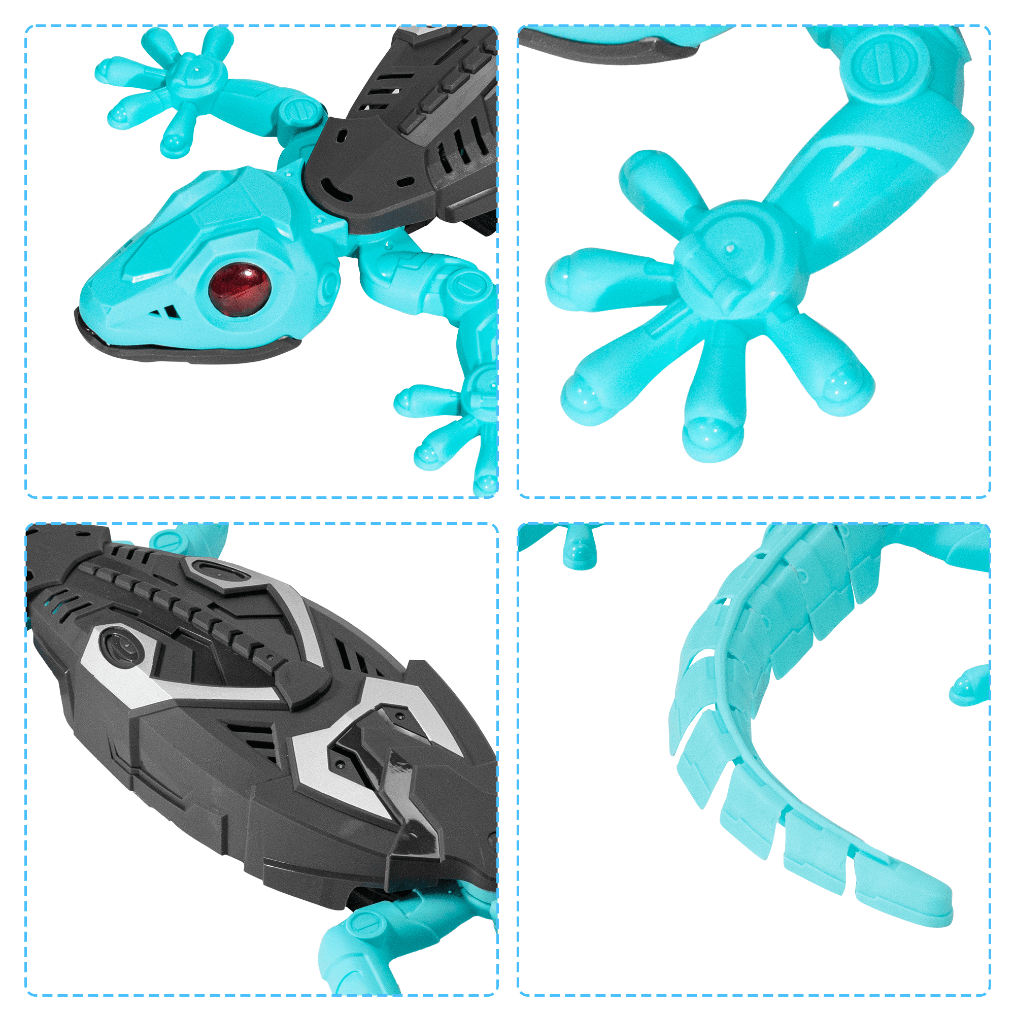 Ein blauer Roboter-Gecko mit roten Augen und einem schwarzen Körper.