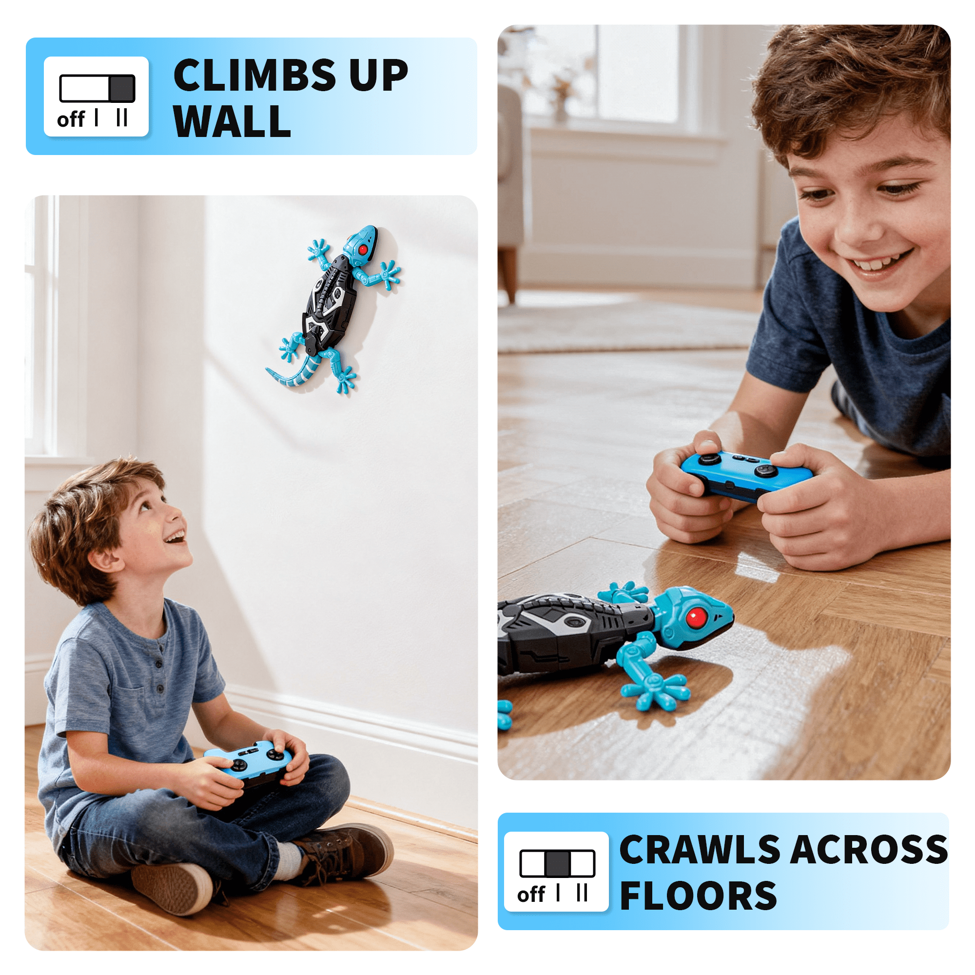 Junge spielt mit Spielzeuggecko an Wand und Boden, mit Fernbedienung.