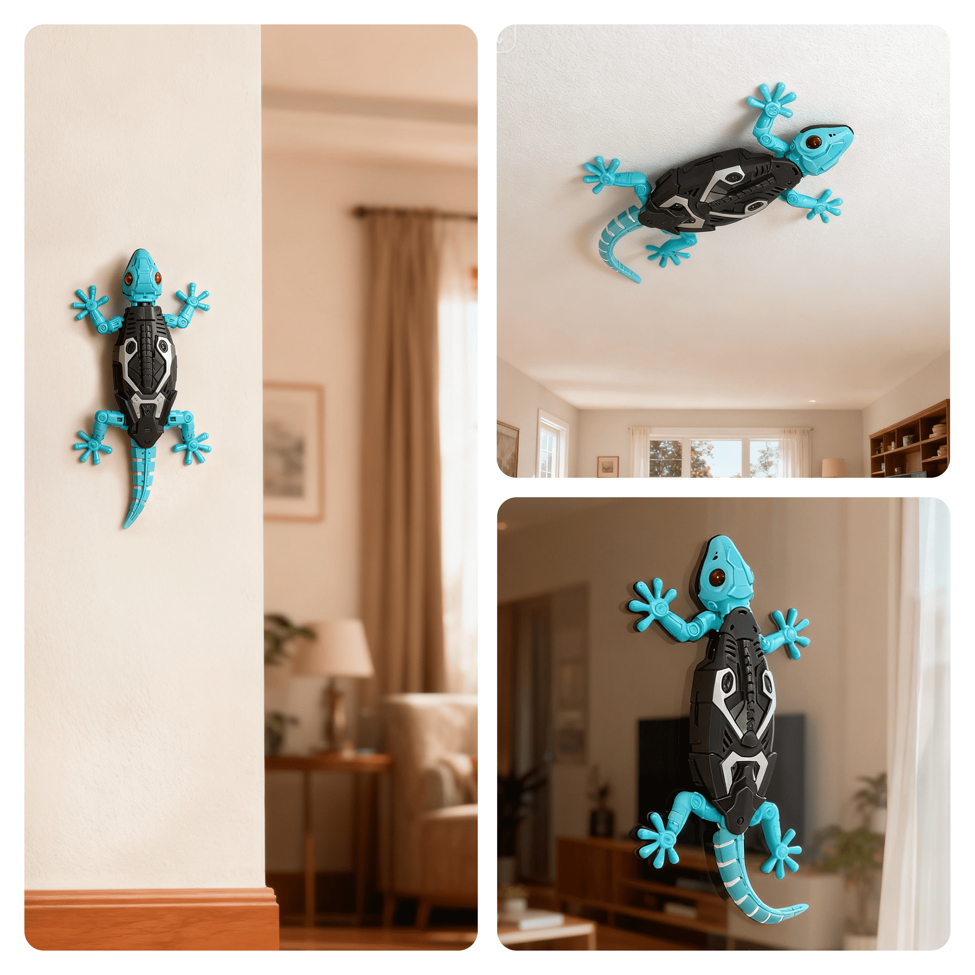 Ein blauer und schwarzer Roboter-Gecko haftet an einer Wand, Decke und Glas.