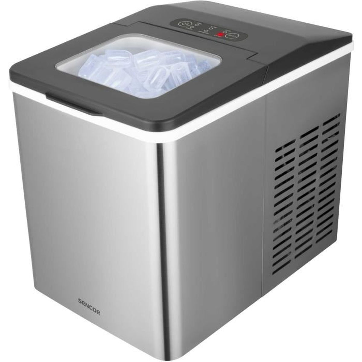 Edelstahl-Eismaschine mit Eiswürfeln im transparenten Behälter.