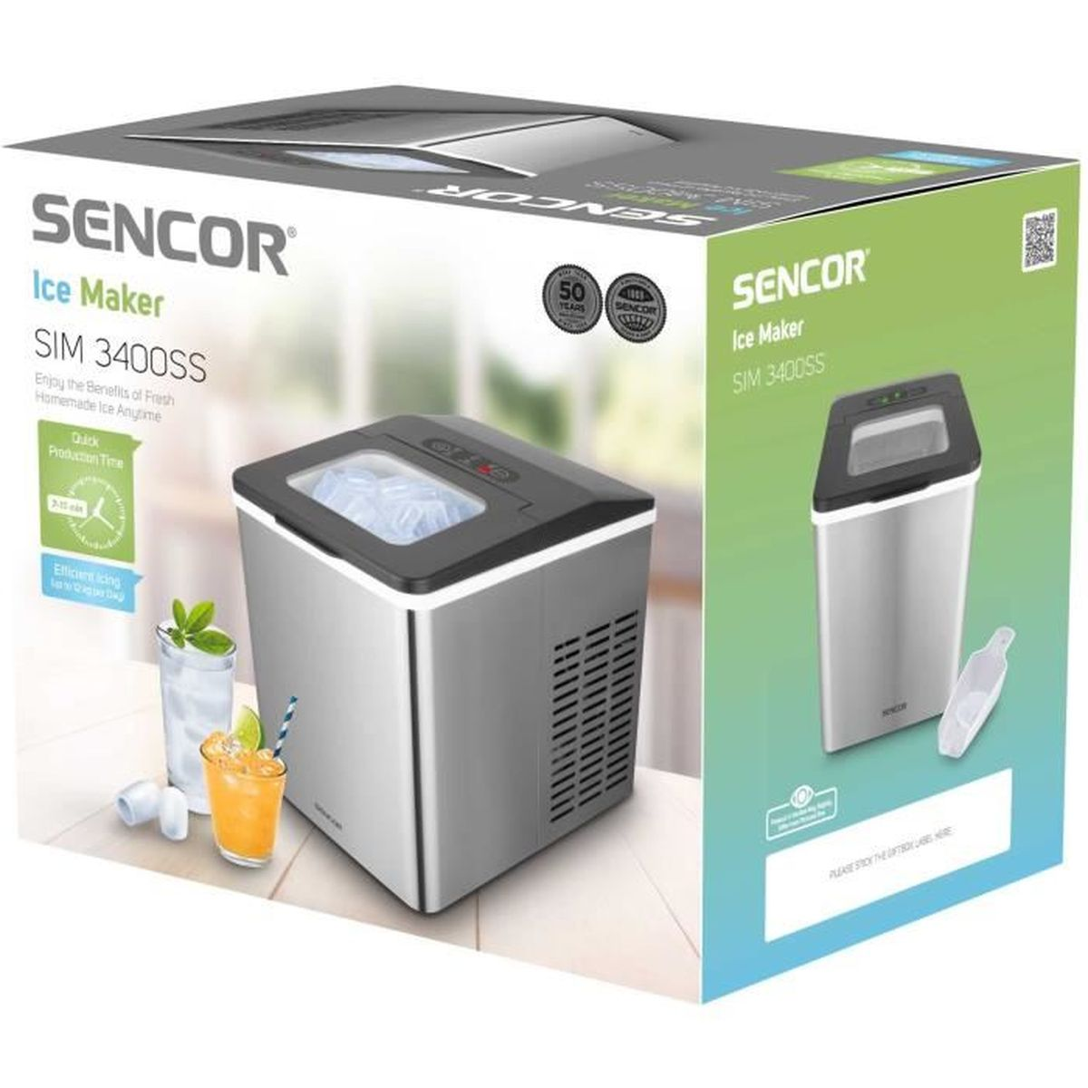 SENCOR Eismaschine SIM 3400SS auf einer Verpackung mit Eiswürfeln und Getränken.