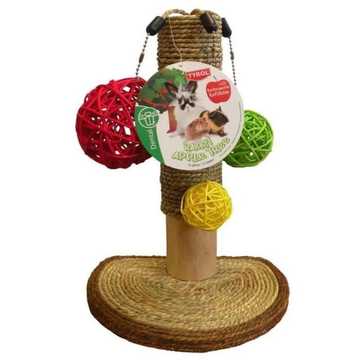 Un tiragraffi per piccoli animali con palline colorate e motivo di melo.