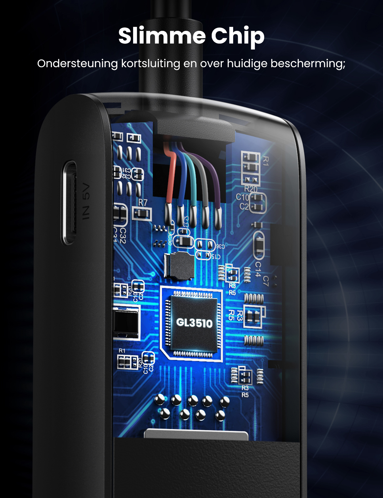 Przekrój ładowarki pokazujący płytkę drukowaną, przewody i chip.