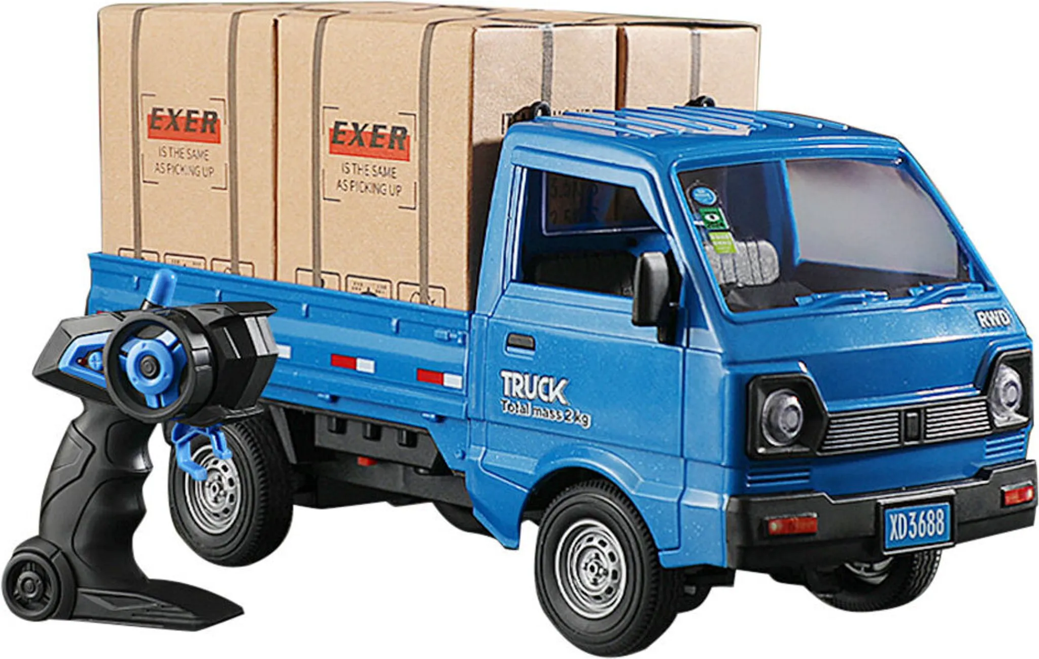 Blauer Spielzeug-LKW mit Fernbedienung und Pappkartons beladen.