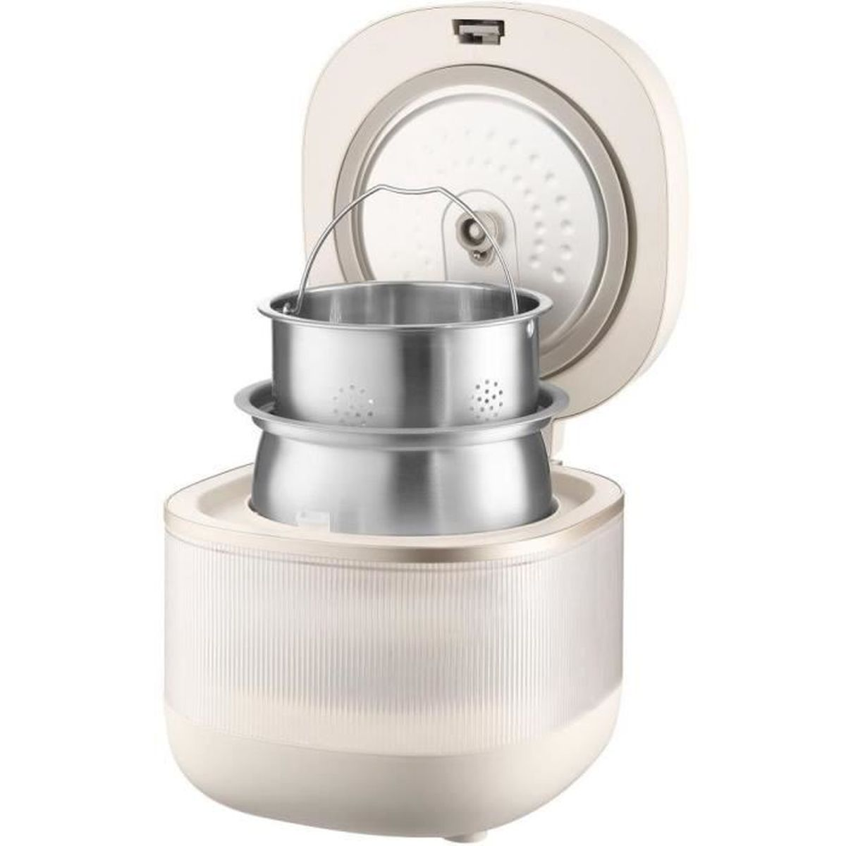 Una pentola per riso color crema con coperchio aperto, che rivela pentole interne e cestello per vapore in acciaio inox.