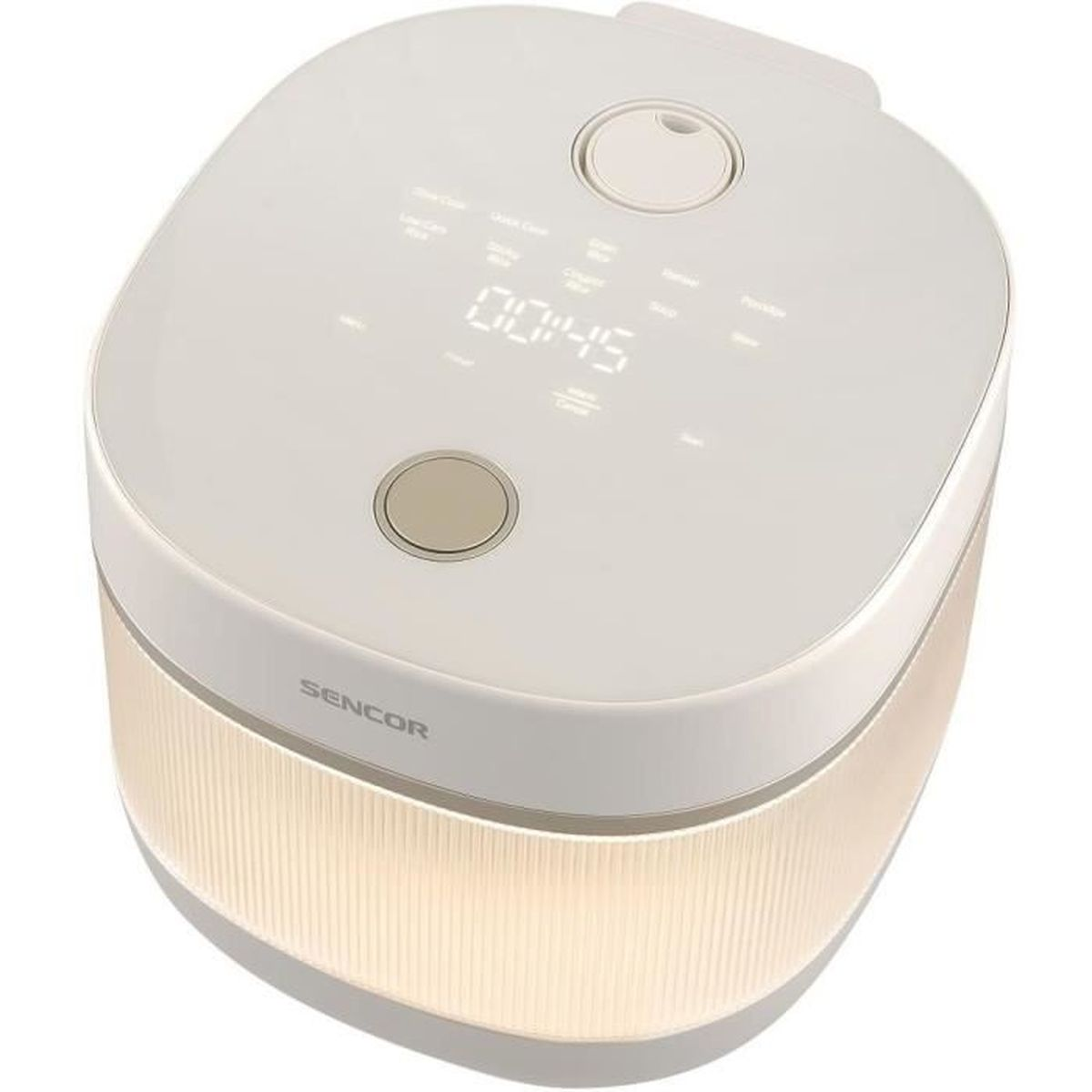 Una pentola a riso Sencor bianca con display digitale e corpo illuminato.