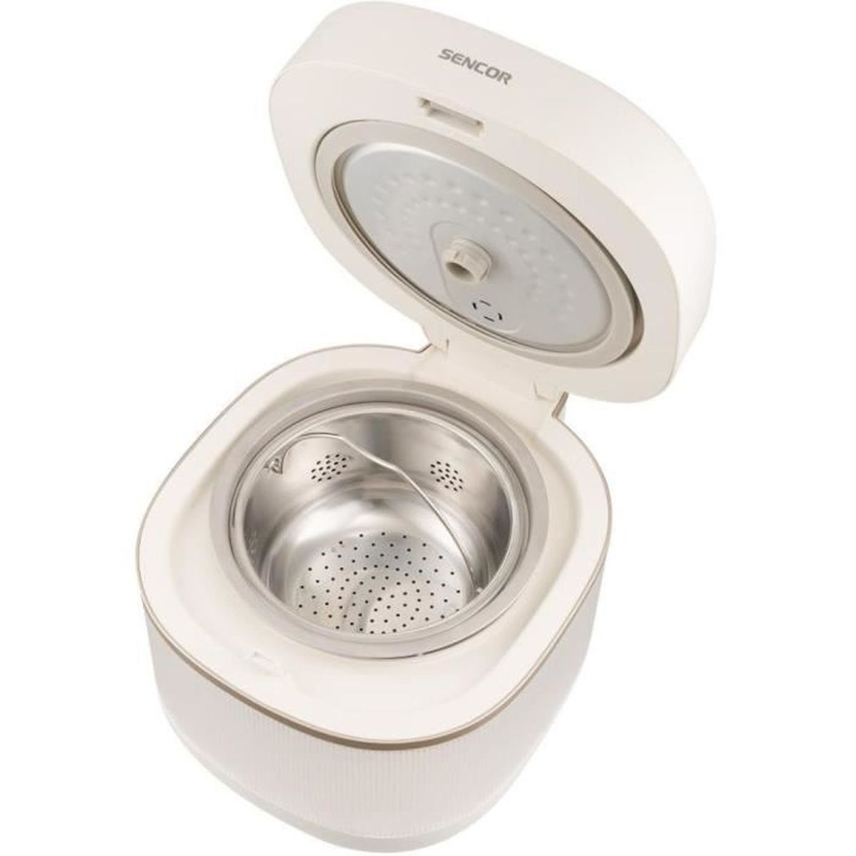 Una cuociriso aperta, color crema, con pentola interna in acciaio inox.