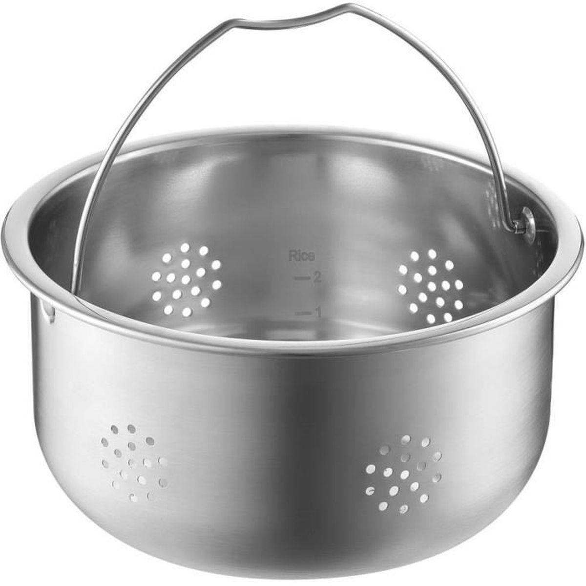 Cestello per cottura a vapore in acciaio inox con manico e lati perforati. Segni di misura.