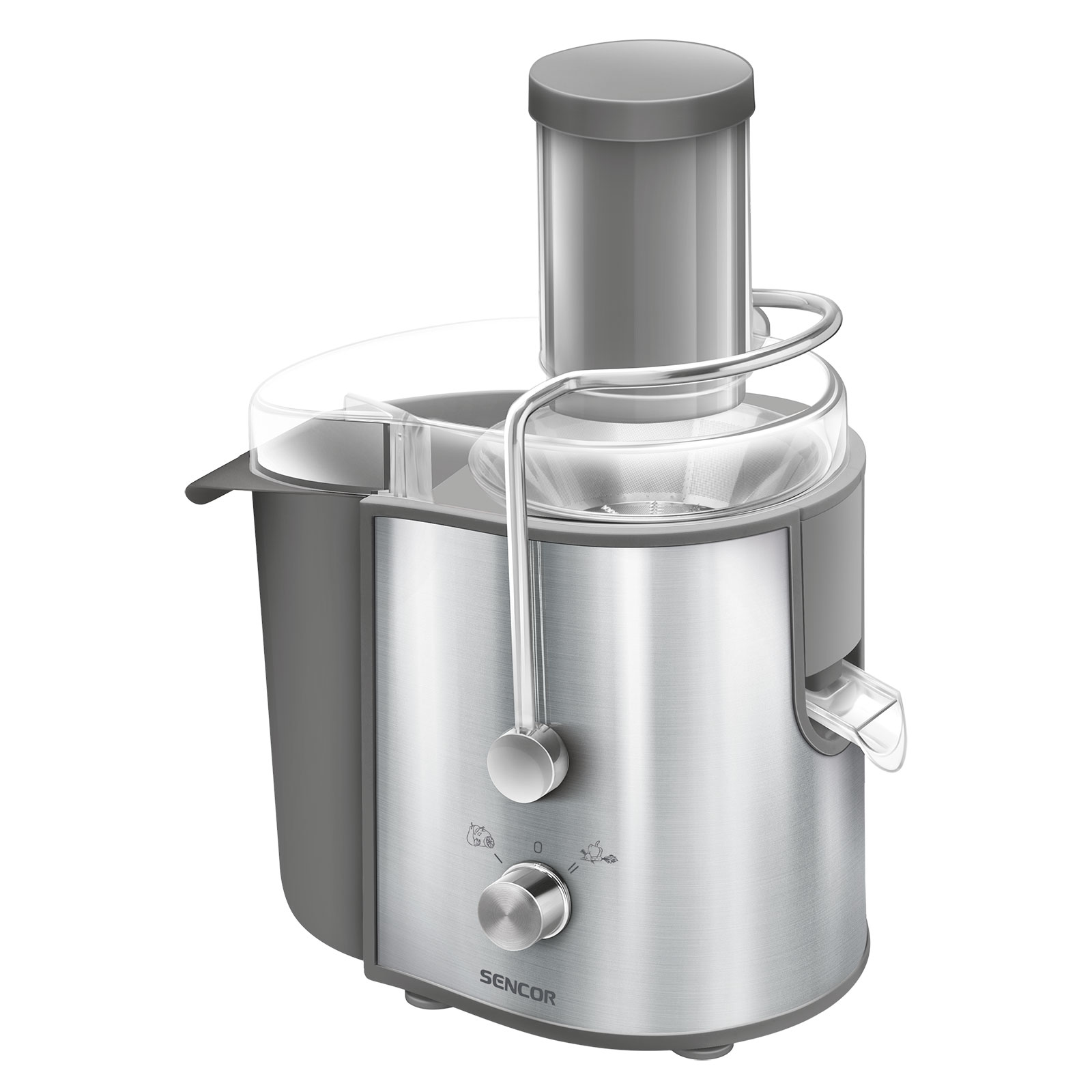 Centrifuga argentata con contenitore grigio e coperchio trasparente, con controlli.