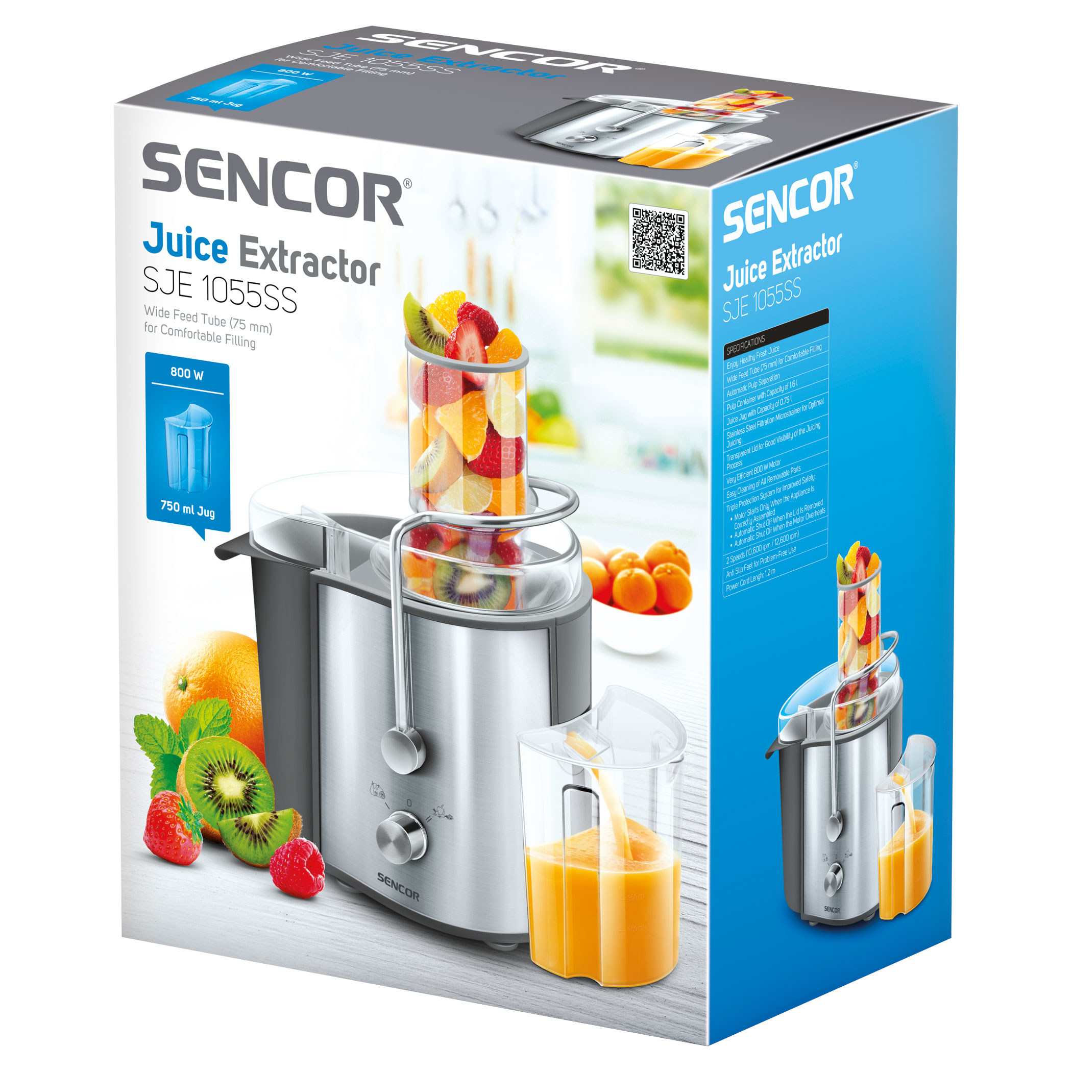 Centrifuga SENCOR SJE 1055SS su scatola con frutta e succo.