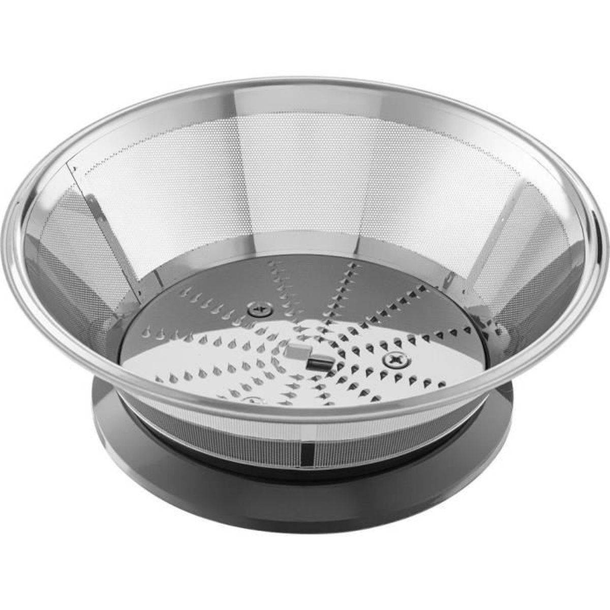 Un inserto setaccio metallico per centrifuga con lame affilate su una base nera.