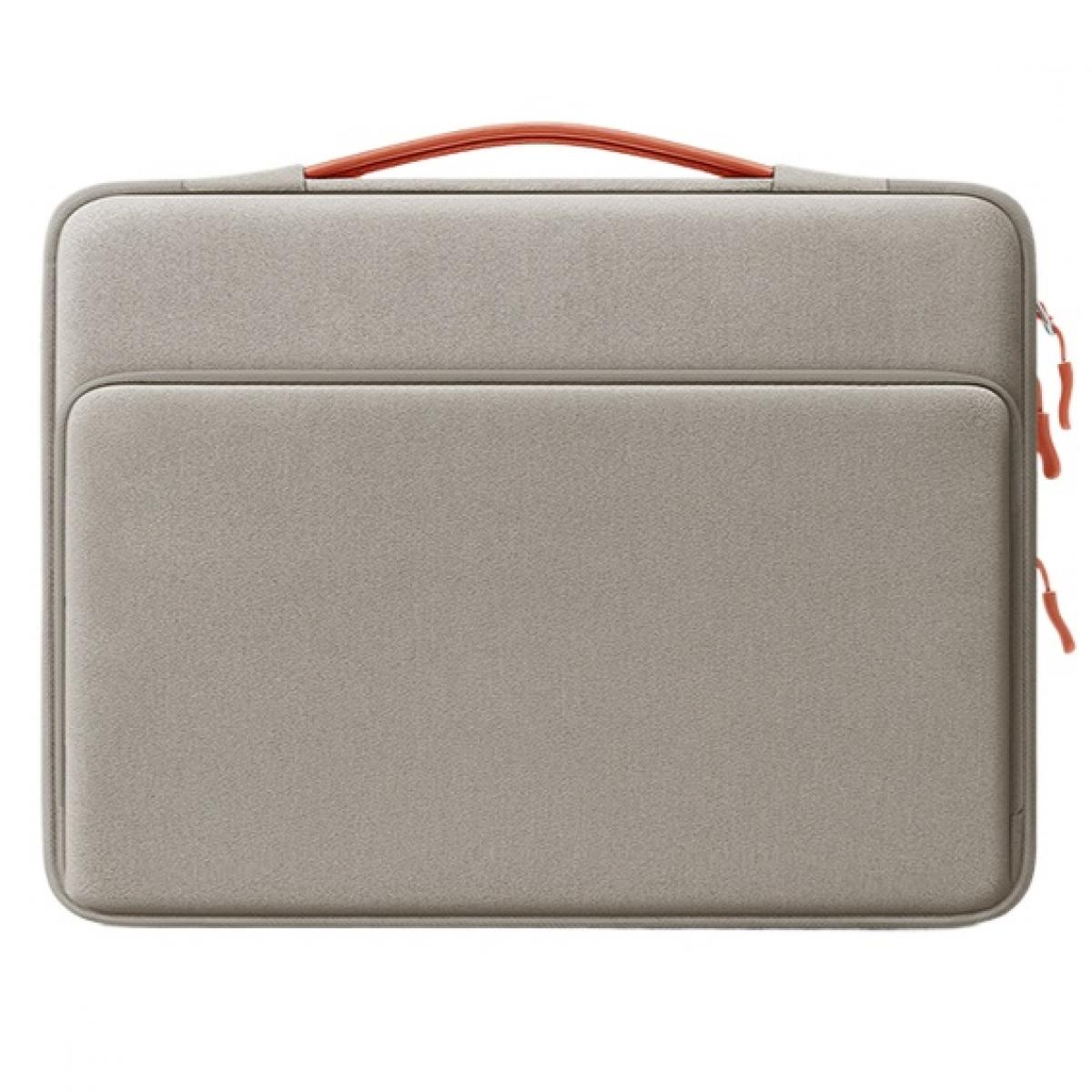 Graue Laptoptasche mit orangefarbenem Griff und Reißverschluss-Zippern.