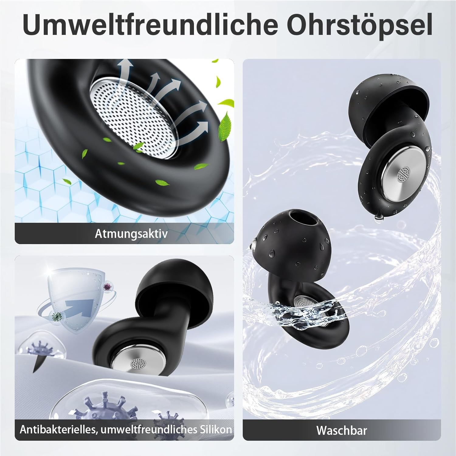 Umweltfreundliche Ohrstöpsel mit Belüftung, antibakteriellem Silikon und sind waschbar.