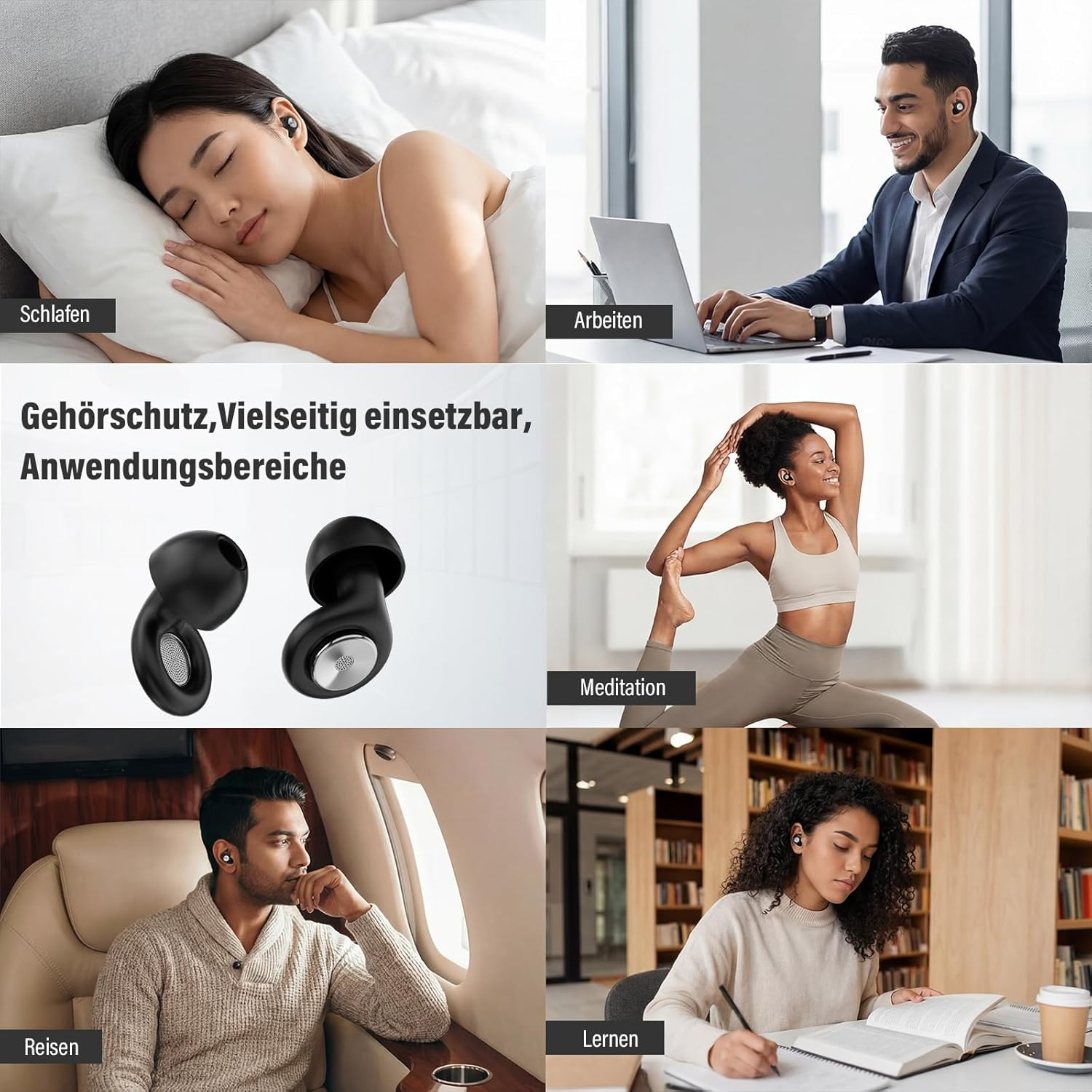 Eine Collage zeigt Menschen beim Schlafen, Arbeiten, Meditieren, Reisen und Lernen.