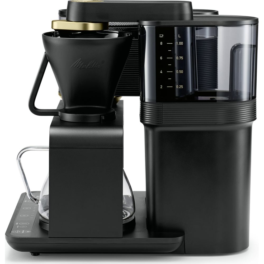 Czarny ekspres do kawy ze szklanym dzbankiem i zbiornikiem wody z miarką.