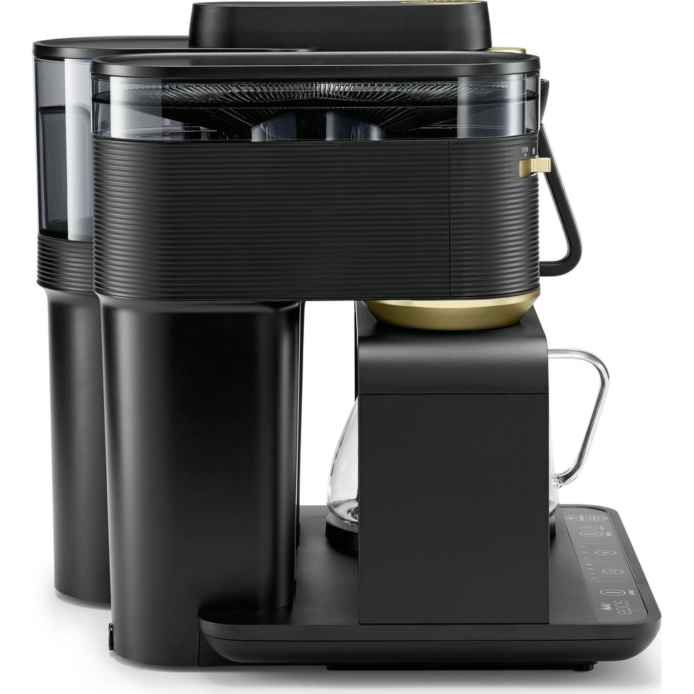 Nowoczesny czarny ekspres do kawy ze złotymi akcentami i szklanym dzbankiem.