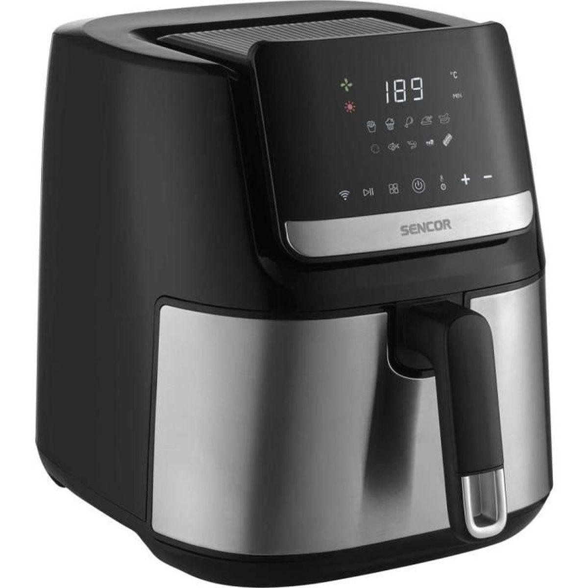 Friggitrice ad aria nera e argento con display digitale e manico.