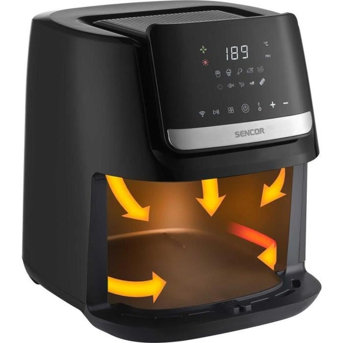 Friggitrice ad aria nera con display digitale e frecce di calore all'interno.