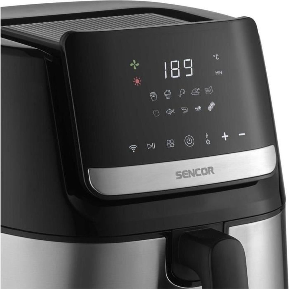 Pannello di controllo friggitrice ad aria Sencor nero con display digitale che mostra 189 gradi.