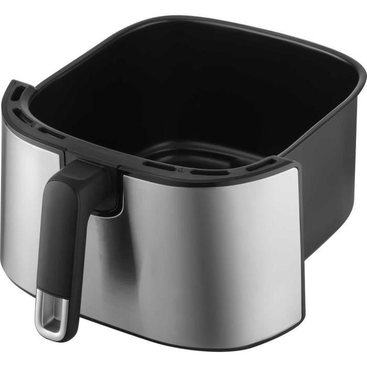 Un cestello per friggitrice ad aria argento e nero con manico nero.