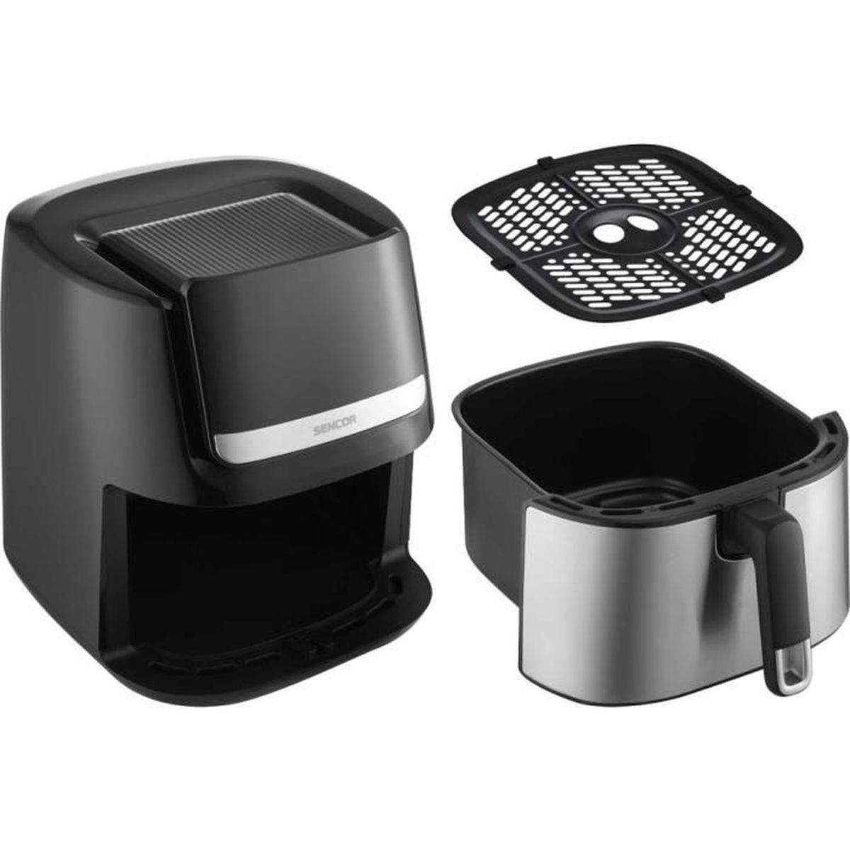 Un set di friggitrice ad aria SENCOR nero con cestello e griglia.